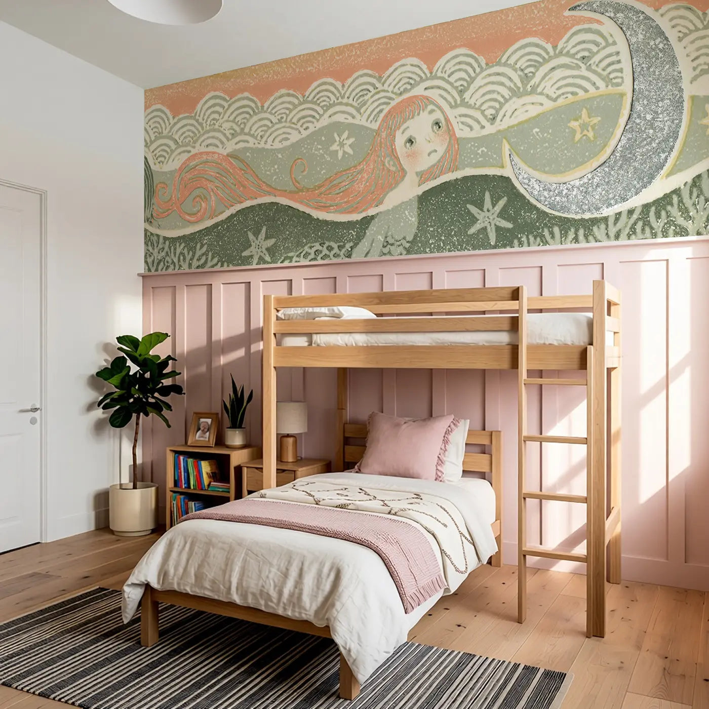 Carved Mermaid Moon Ocean Wainscoting Wallpaper styled in a kids bedroom by Whimsy Tots