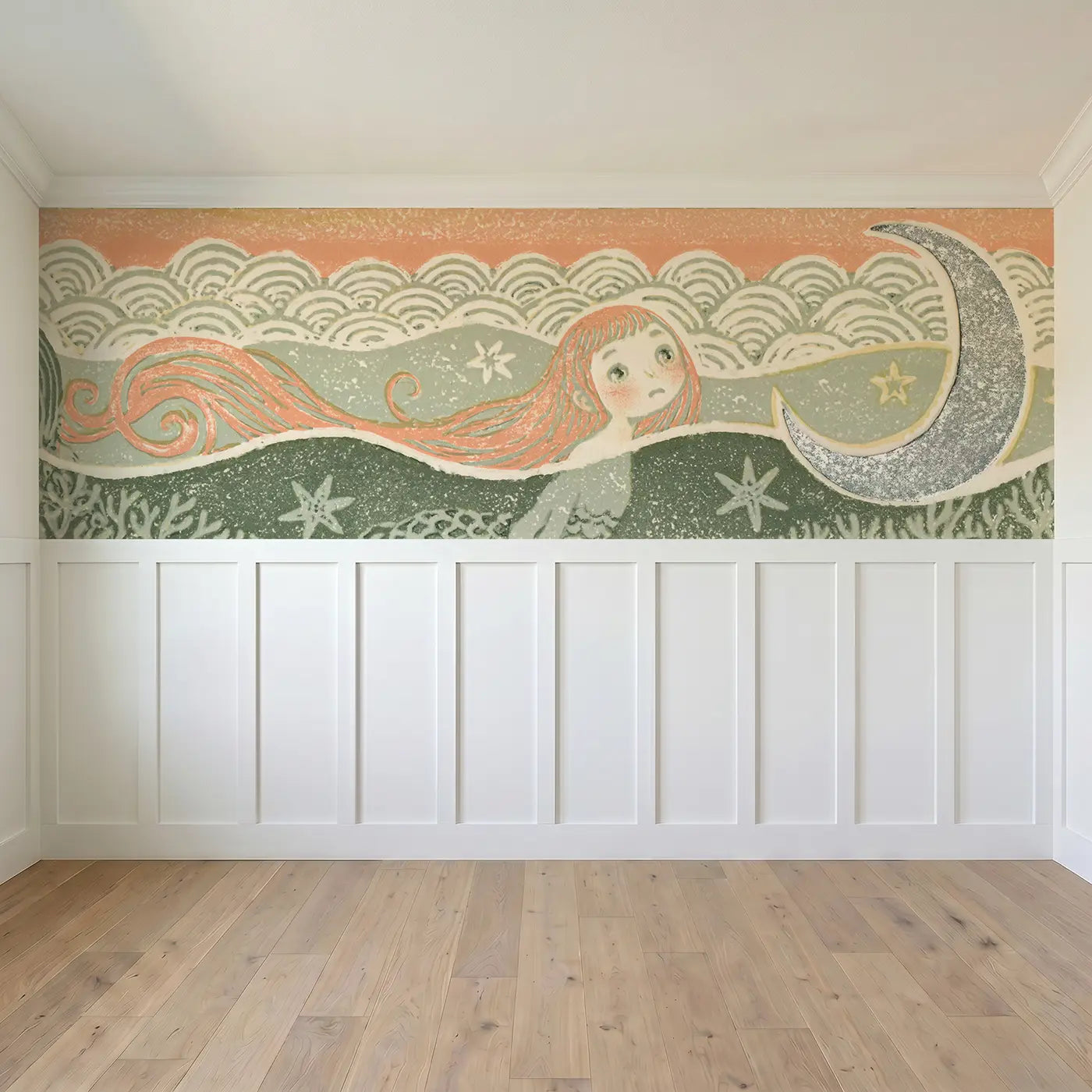 Full panel view of Carved Mermaid Moon Ocean Wainscoting Wallpaper by Whimsy Tots
