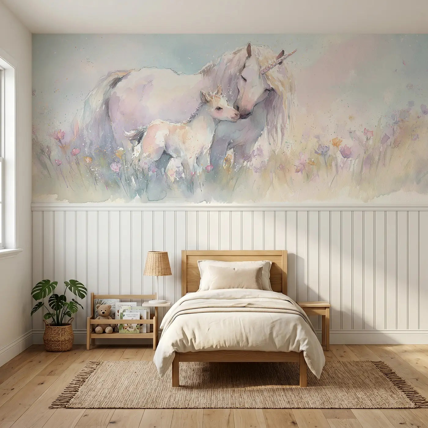 Watercolor unicorn mother foal bond wainscoting wallpaper for nursery by Whimsy Tots