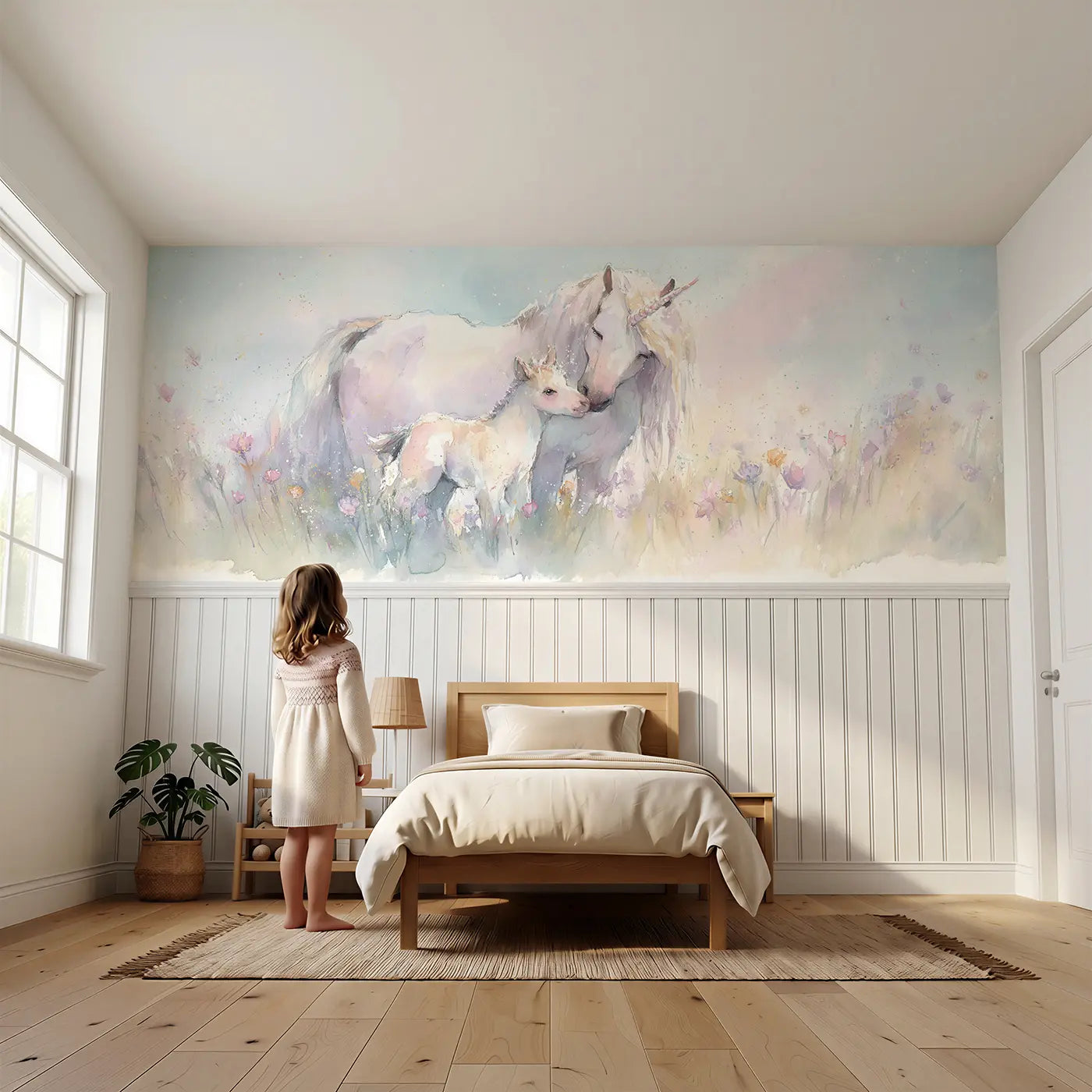 Child reading near Unicorn Mother Foal Bond Wainscoting Wallpaper by Whimsy Tots