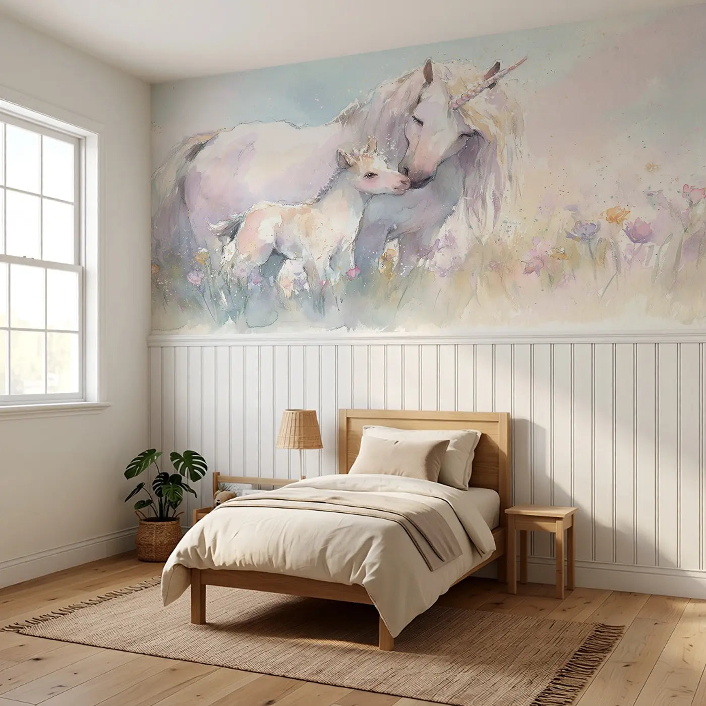 Unicorn Mother Foal Bond Wainscoting Wallpaper styled in a kids bedroom by Whimsy Tots