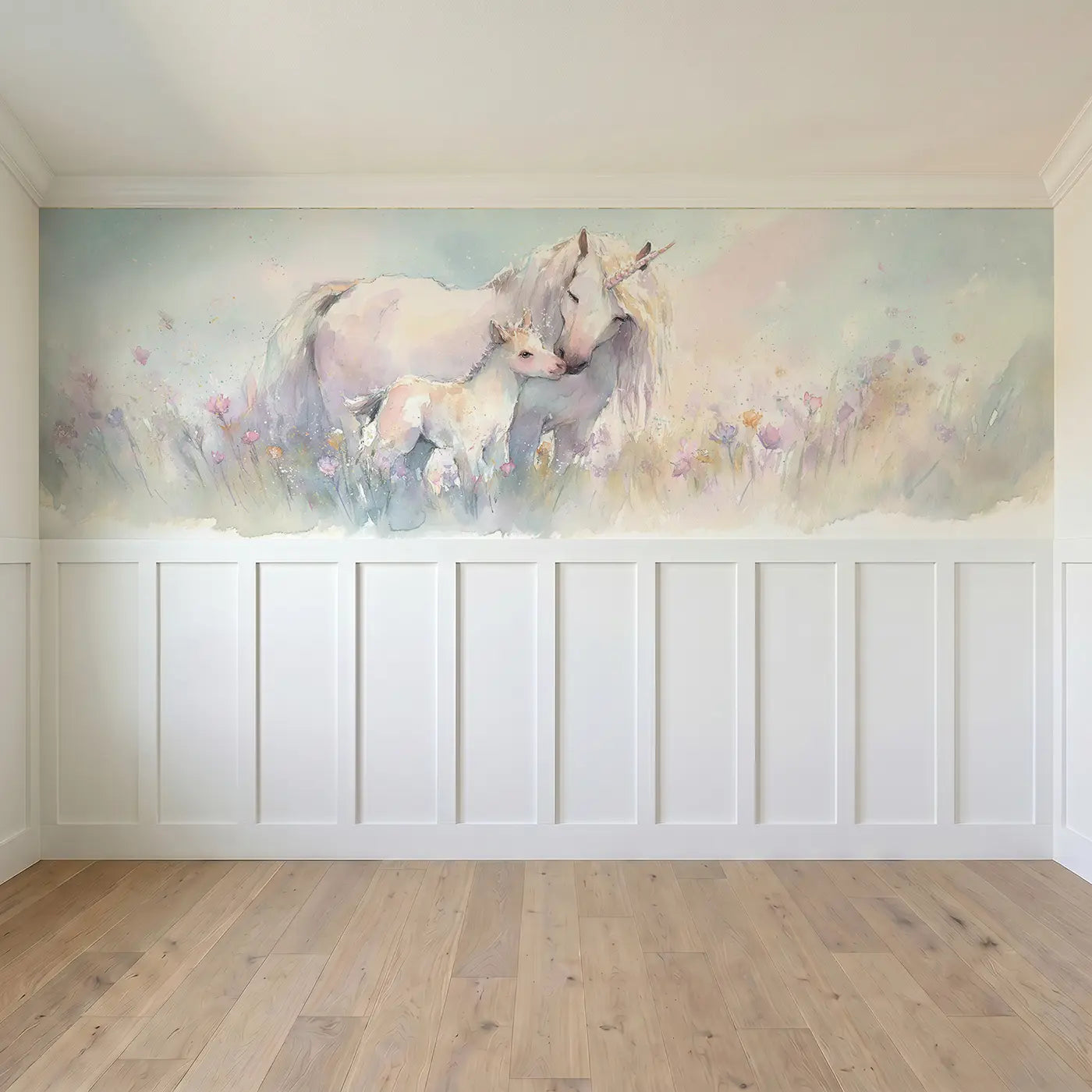 Full panel view of Unicorn Mother Foal Bond Wainscoting Wallpaper by Whimsy Tots