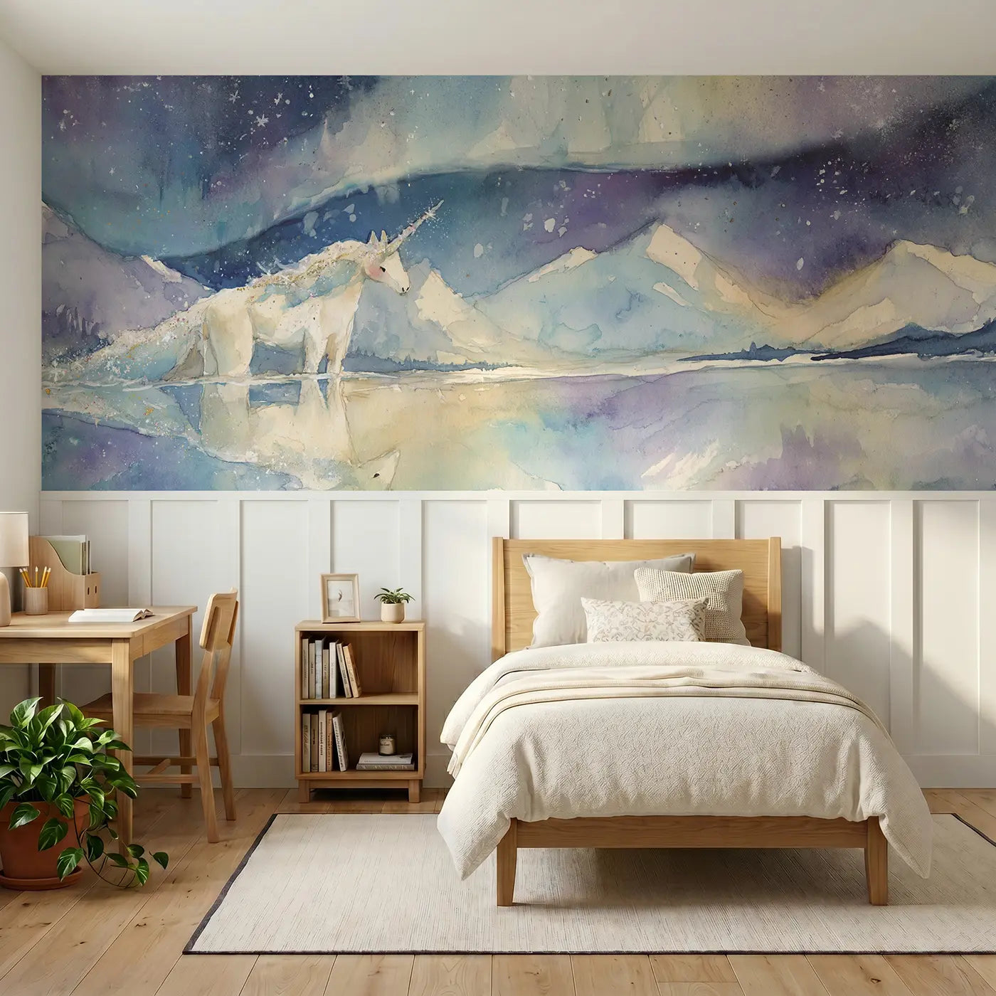 Watercolor unicorn starlight mountain lake wainscoting wallpaper for bedroom by Whimsy Tots
