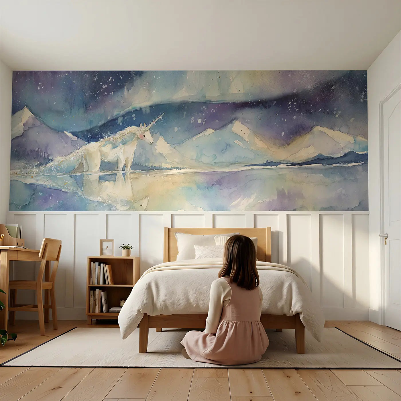 Child reading near Unicorn Starlight Mountain Lake Wainscoting Wallpaper by Whimsy Tots