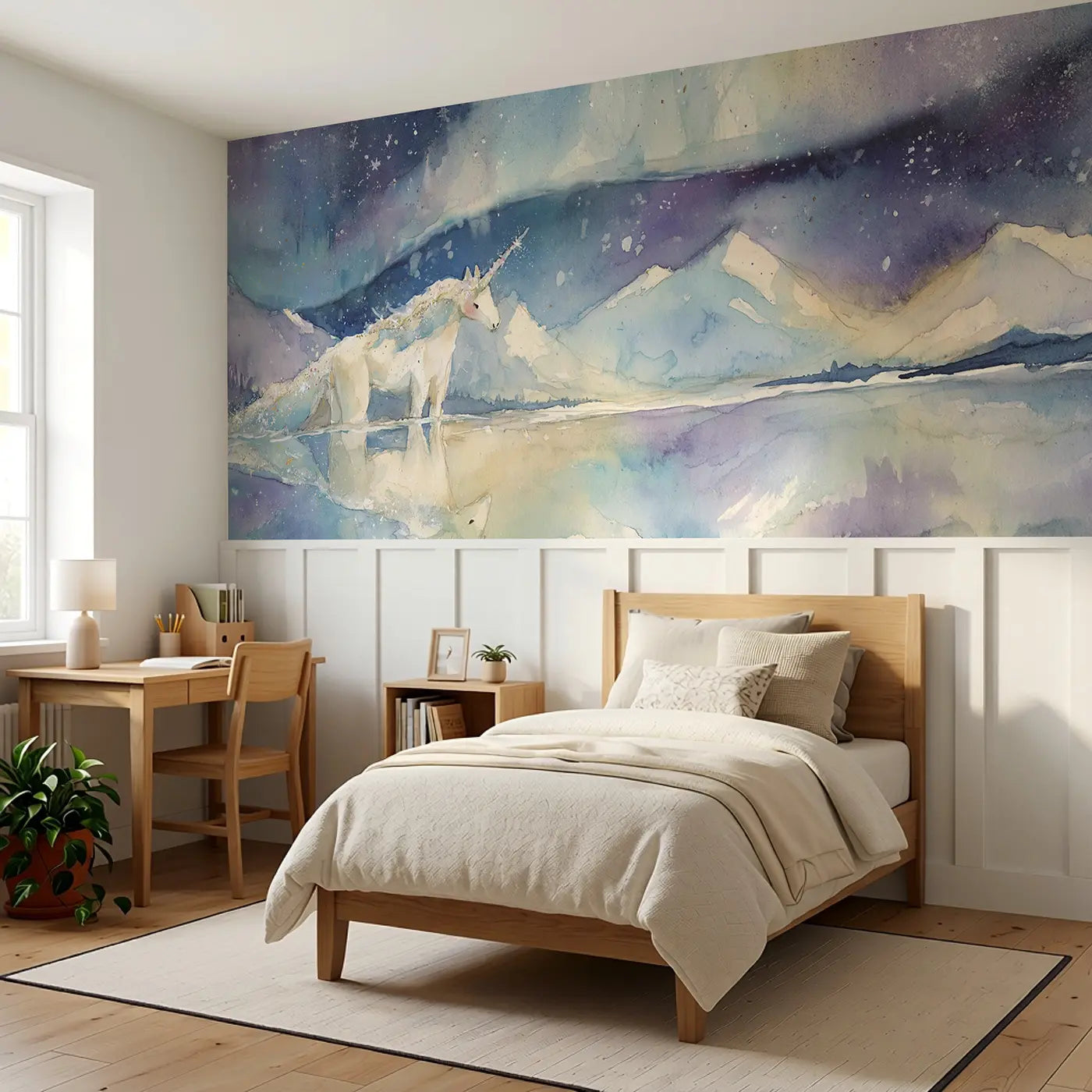 Unicorn Starlight Mountain Lake Wainscoting Wallpaper styled in a kids bedroom by Whimsy Tots