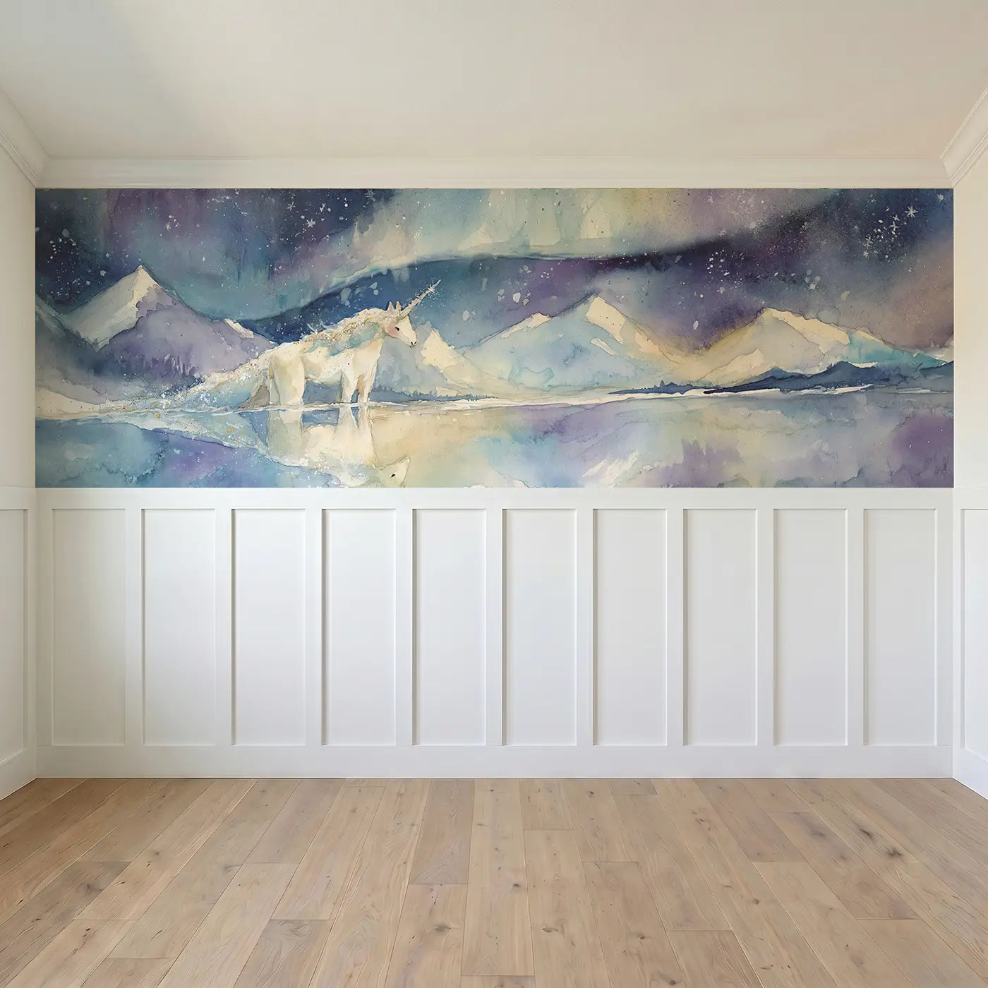 Full panel view of Unicorn Starlight Mountain Lake Wainscoting Wallpaper by Whimsy Tots