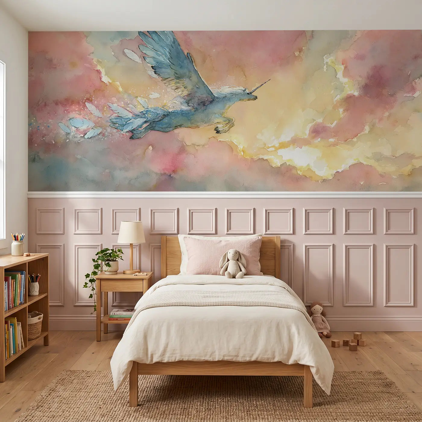 Watercolor pegasus sunrise cloud leap wainscoting wallpaper for bedroom by Whimsy Tots