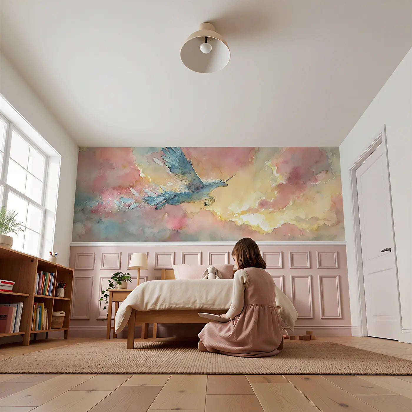 Child reading near Pegasus Sunrise Cloud Leap Wainscoting Wallpaper by Whimsy Tots