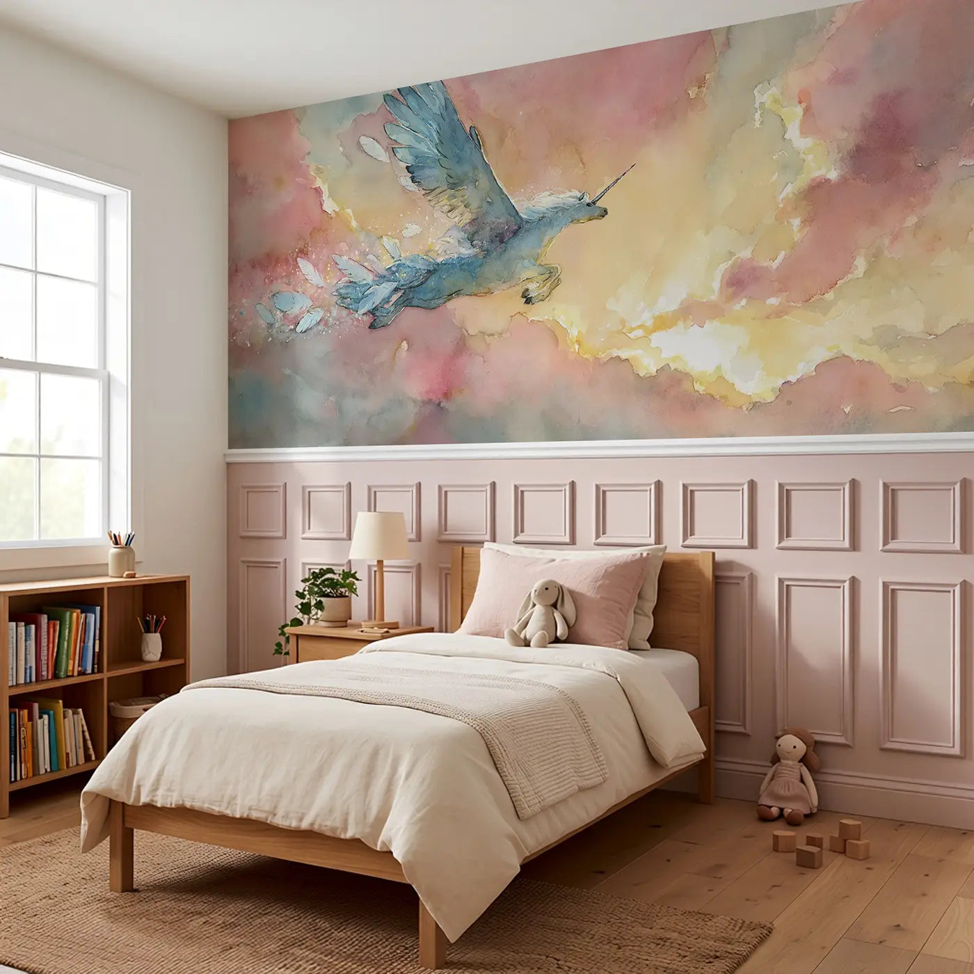 Pegasus Sunrise Cloud Leap Wainscoting Wallpaper styled in a kids bedroom by Whimsy Tots