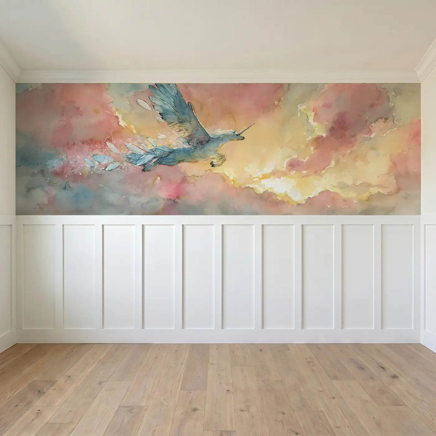 Full panel view of Pegasus Sunrise Cloud Leap Wainscoting Wallpaper by Whimsy Tots