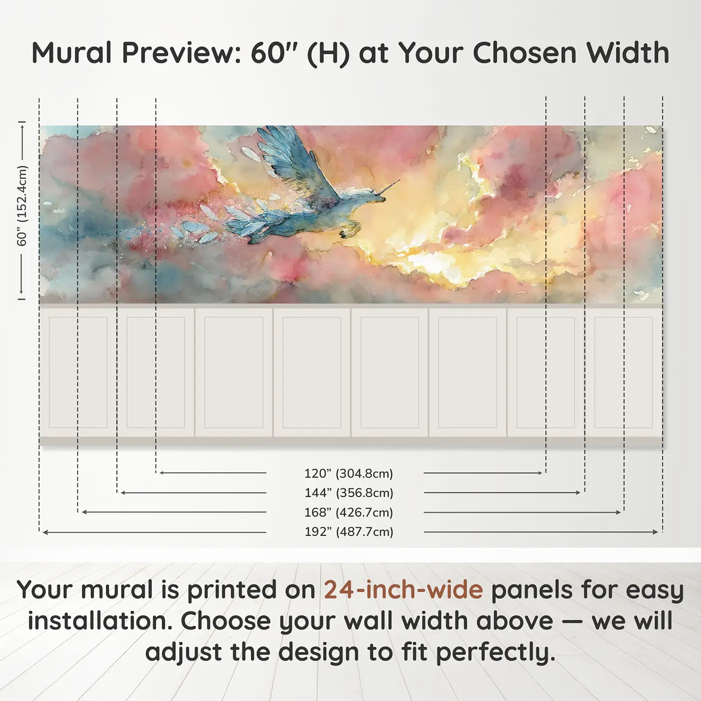 Panel dimensions for Pegasus Sunrise Cloud Leap Wainscoting Wallpaper by Whimsy Tots