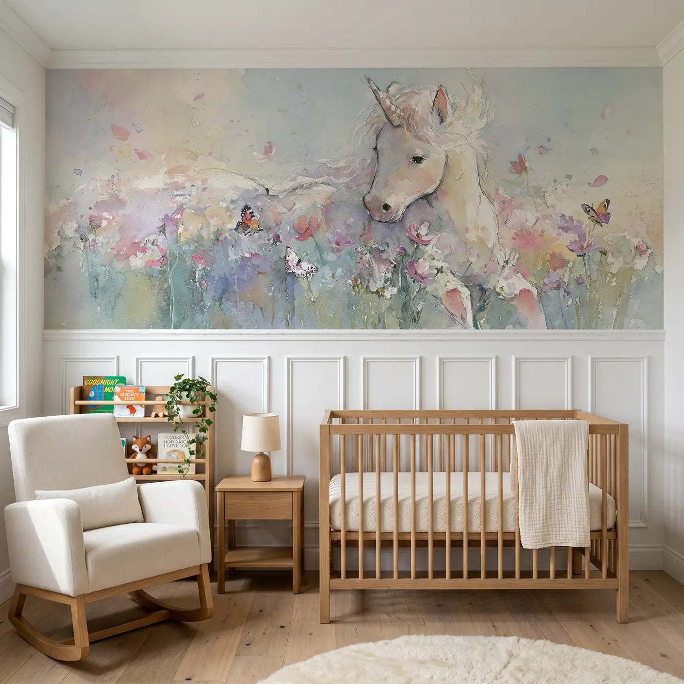 Watercolor unicorn butterfly meadow dance wainscoting wallpaper for nursery by Whimsy Tots