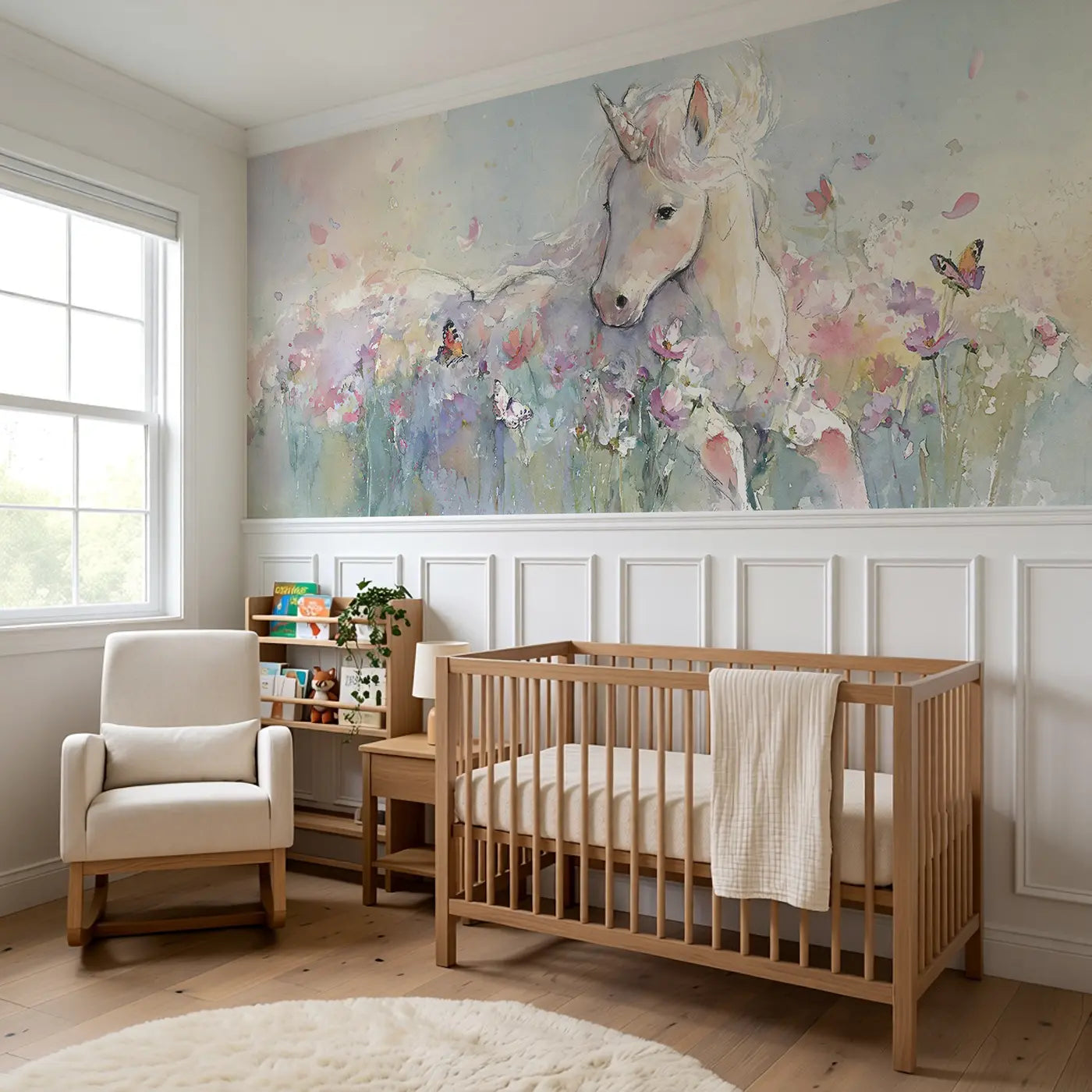 Unicorn Butterfly Meadow Dance Wainscoting Wallpaper styled in a kids bedroom by Whimsy Tots