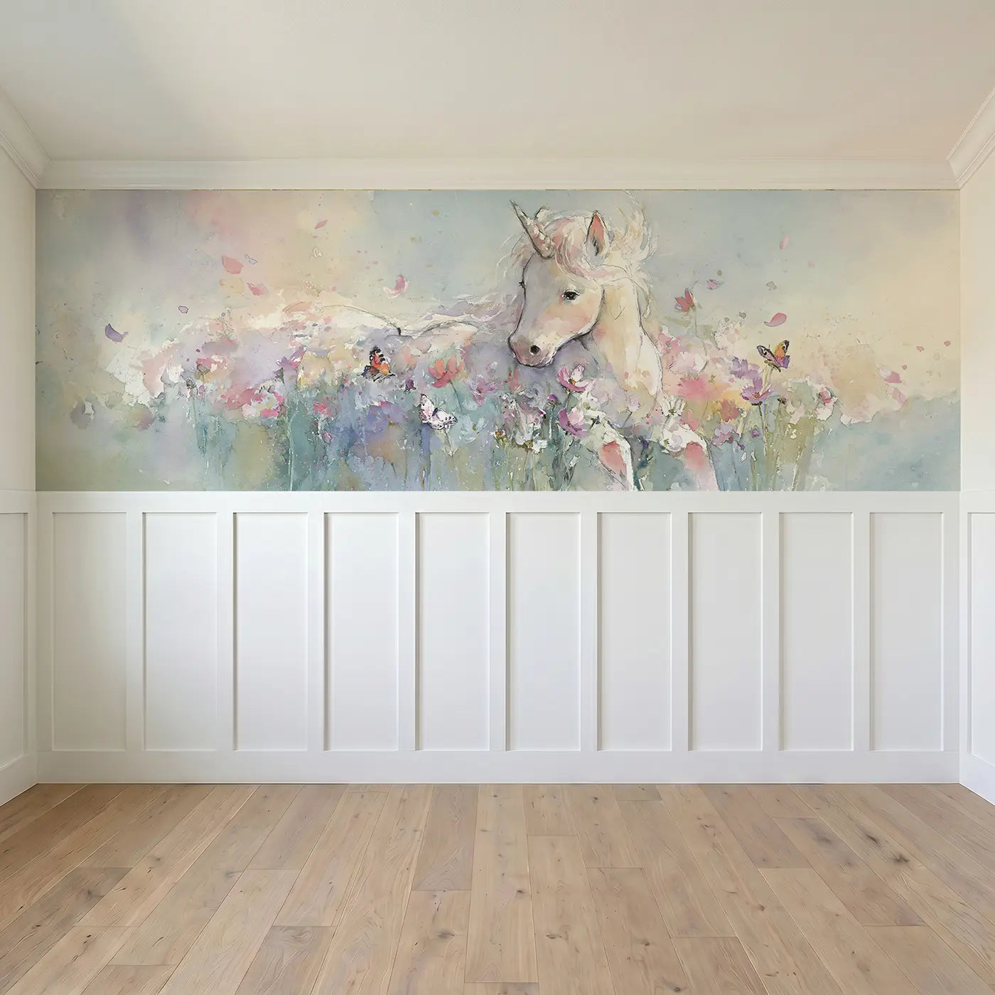 Full panel view of Unicorn Butterfly Meadow Dance Wainscoting Wallpaper by Whimsy Tots