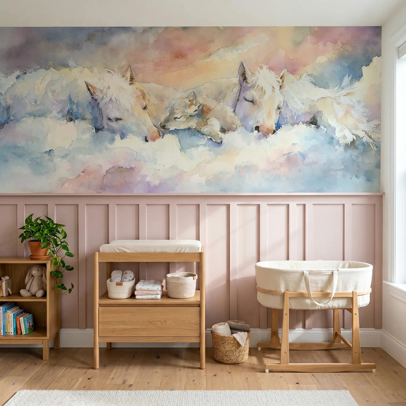 Watercolor pegasus family cloud nest wainscoting wallpaper for nursery by Whimsy Tots