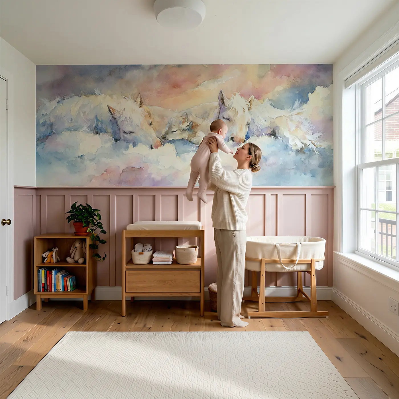 Child reading near Pegasus Family Cloud Nest Wainscoting Wallpaper by Whimsy Tots