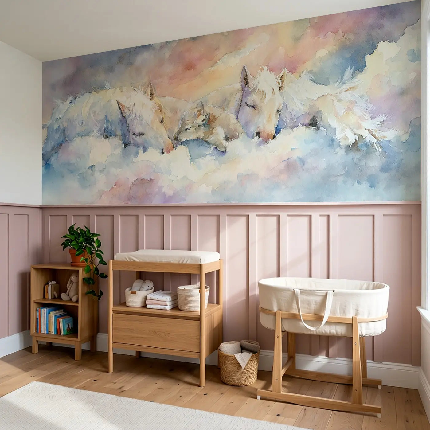 Pegasus Family Cloud Nest Wainscoting Wallpaper styled in a kids bedroom by Whimsy Tots