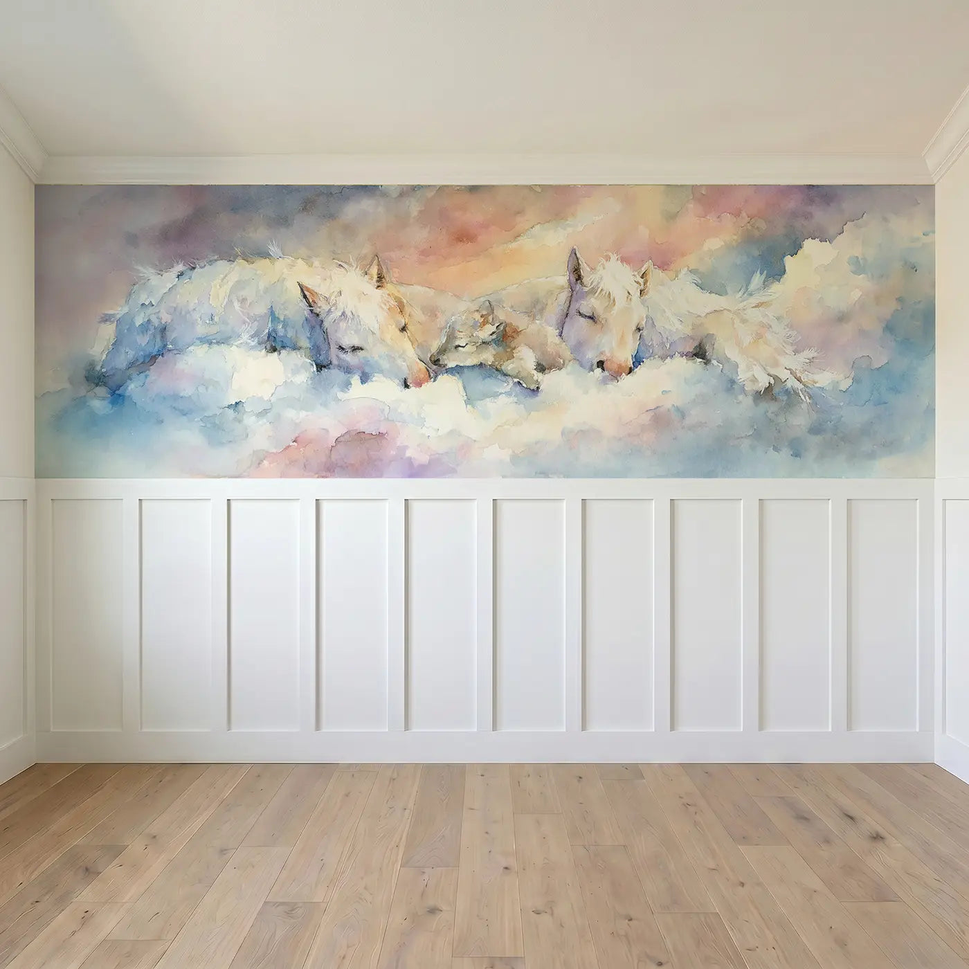 Full panel view of Pegasus Family Cloud Nest Wainscoting Wallpaper by Whimsy Tots