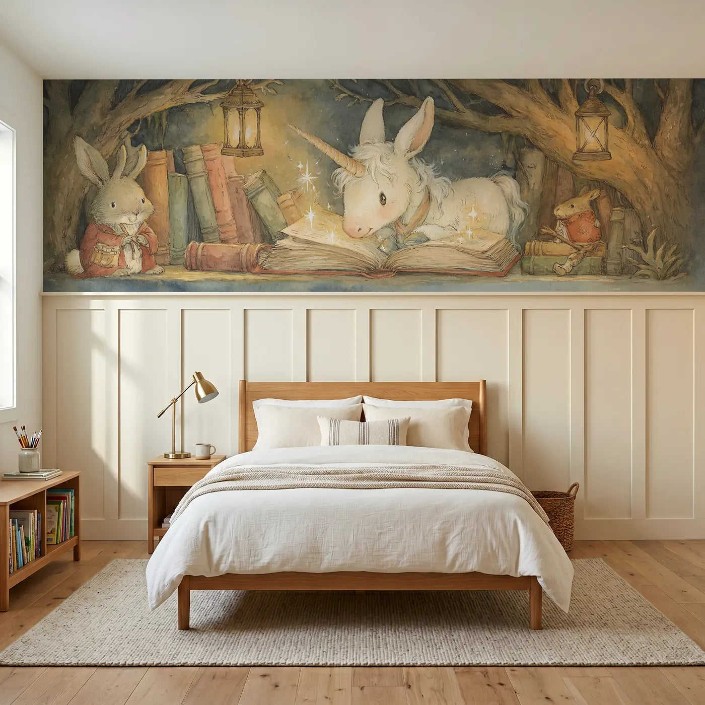Storybook unicorn enchanted library visit wainscoting wallpaper for bedroom by Whimsy Tots