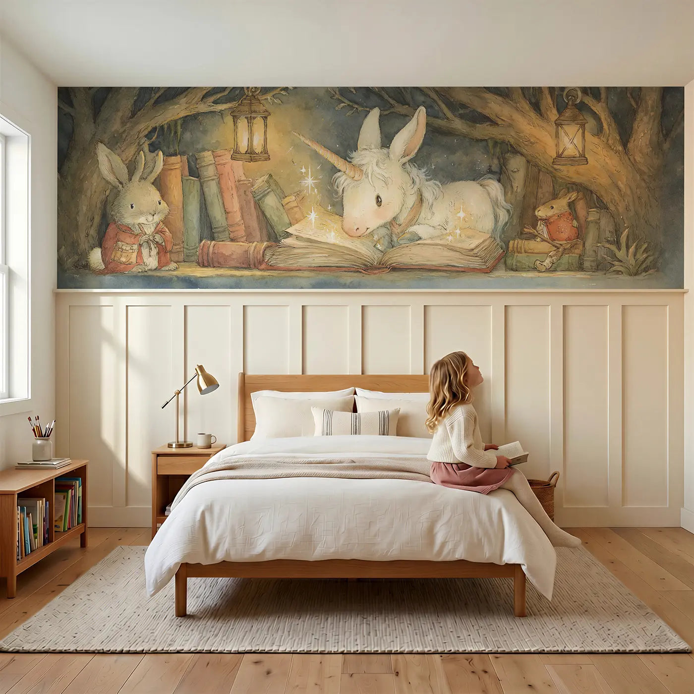 Child reading near Unicorn Enchanted Library Visit Wainscoting Wallpaper by Whimsy Tots