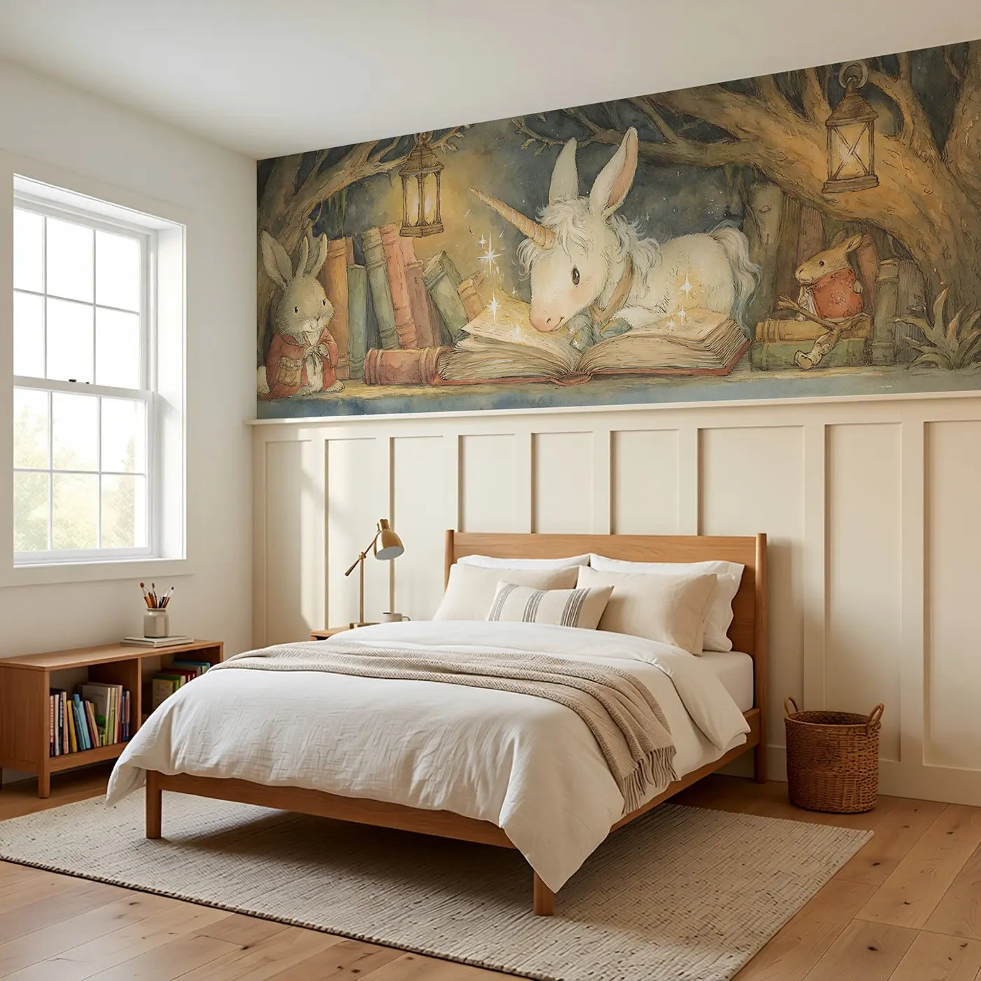Unicorn Enchanted Library Visit Wainscoting Wallpaper styled in a kids bedroom by Whimsy Tots