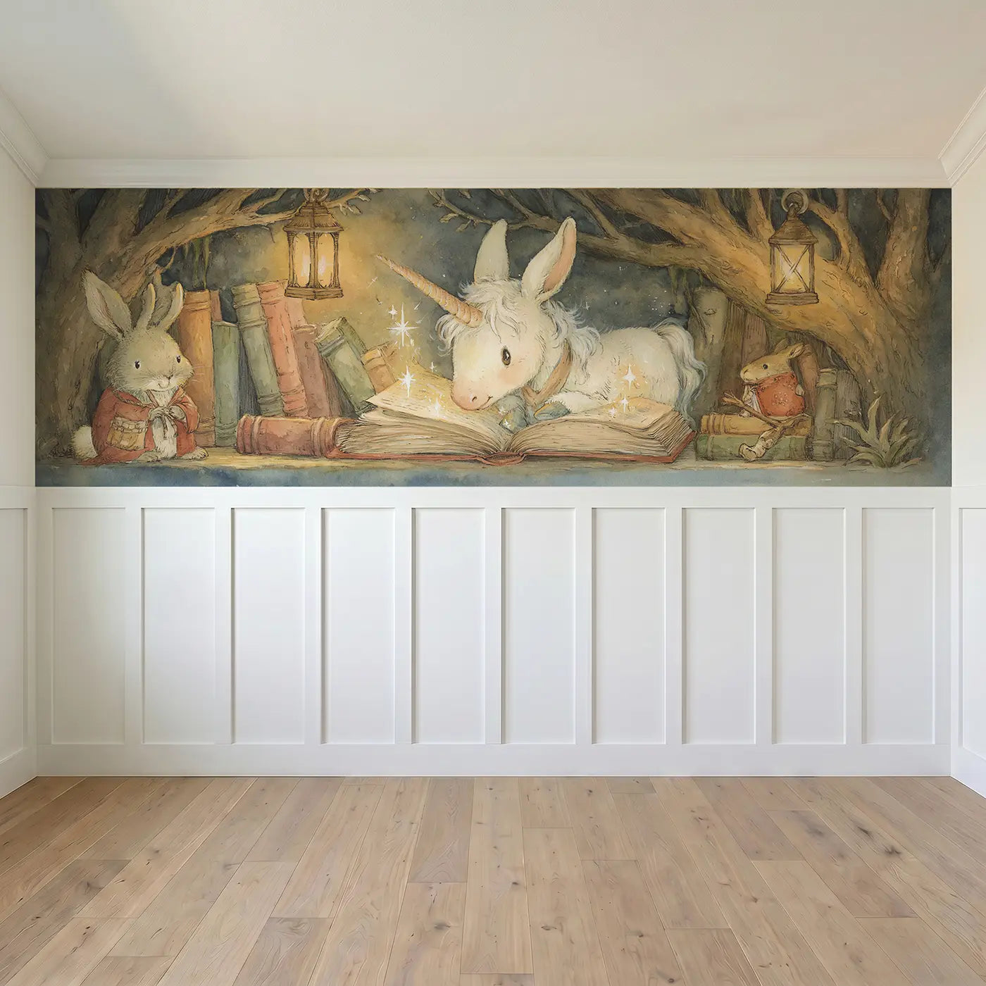 Full panel view of Unicorn Enchanted Library Visit Wainscoting Wallpaper by Whimsy Tots