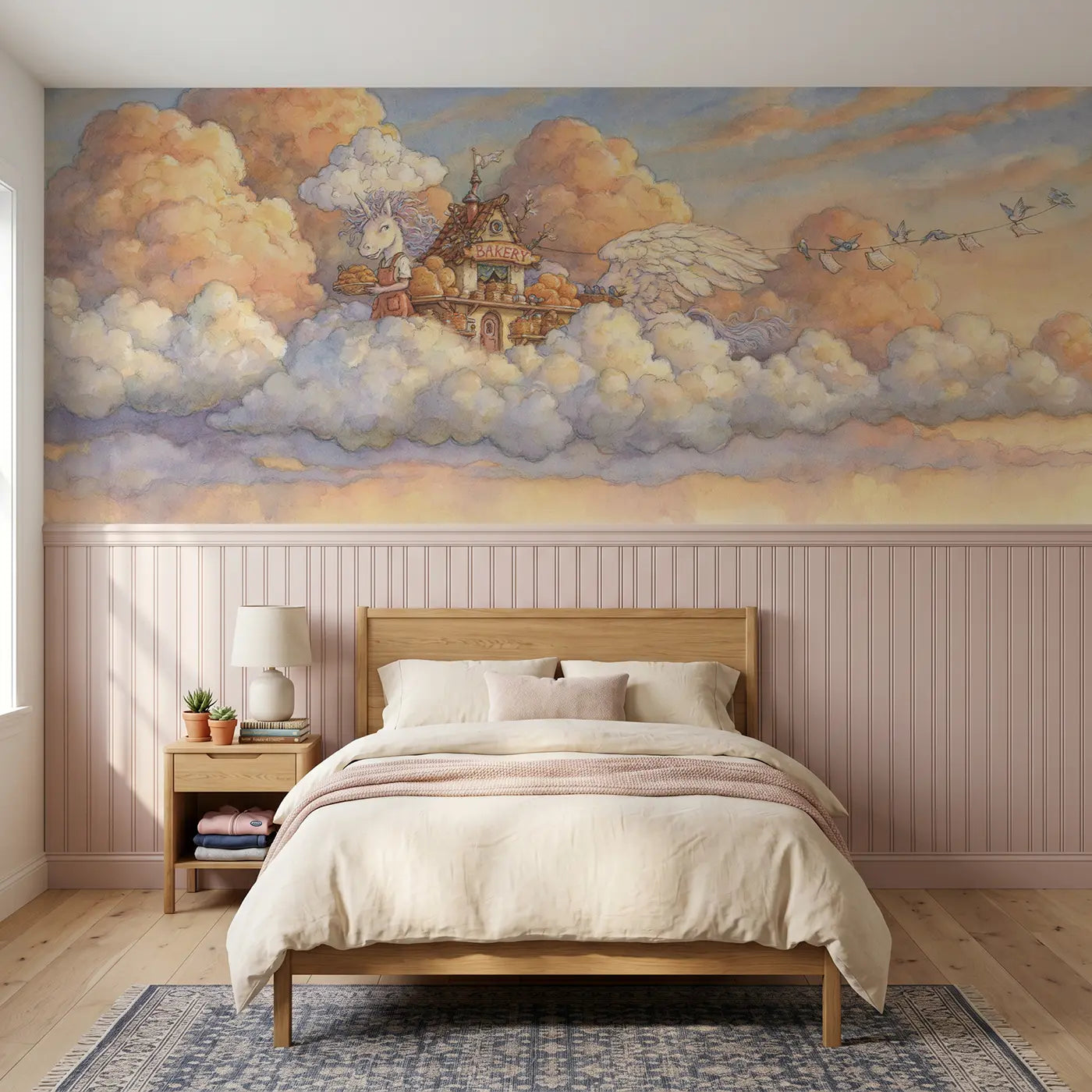 Storybook pegasus bakery cloud pastries wainscoting wallpaper for bedroom by Whimsy Tots