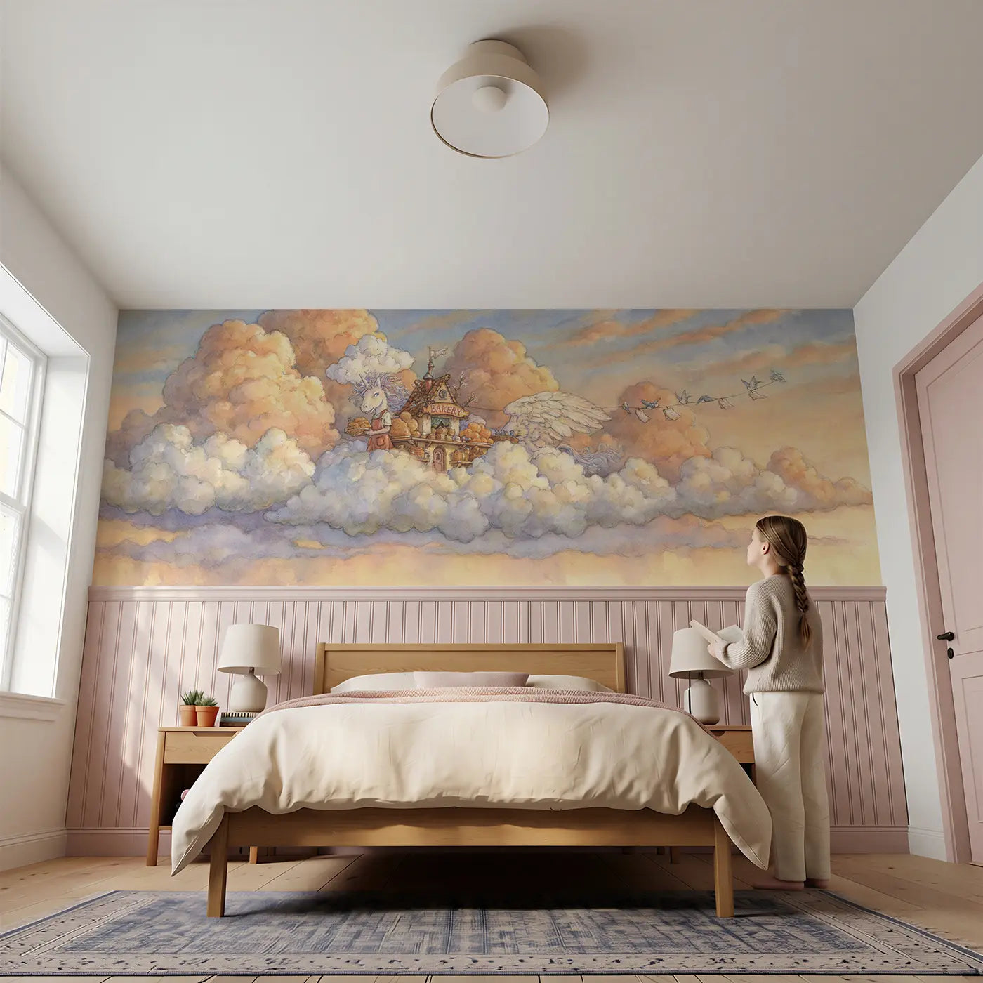Child reading near Pegasus Bakery Cloud Pastries Wainscoting Wallpaper by Whimsy Tots