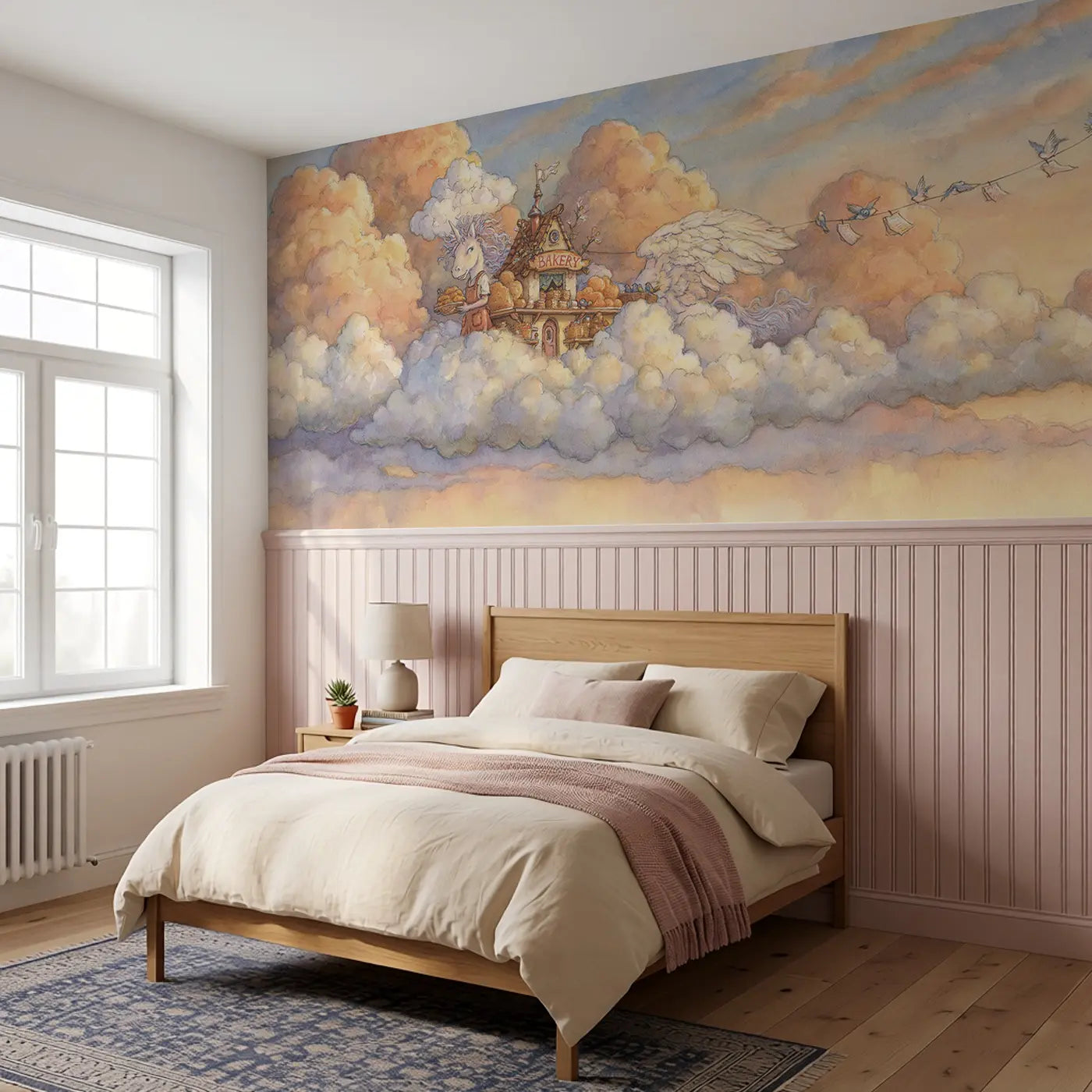 Pegasus Bakery Cloud Pastries Wainscoting Wallpaper styled in a kids bedroom by Whimsy Tots
