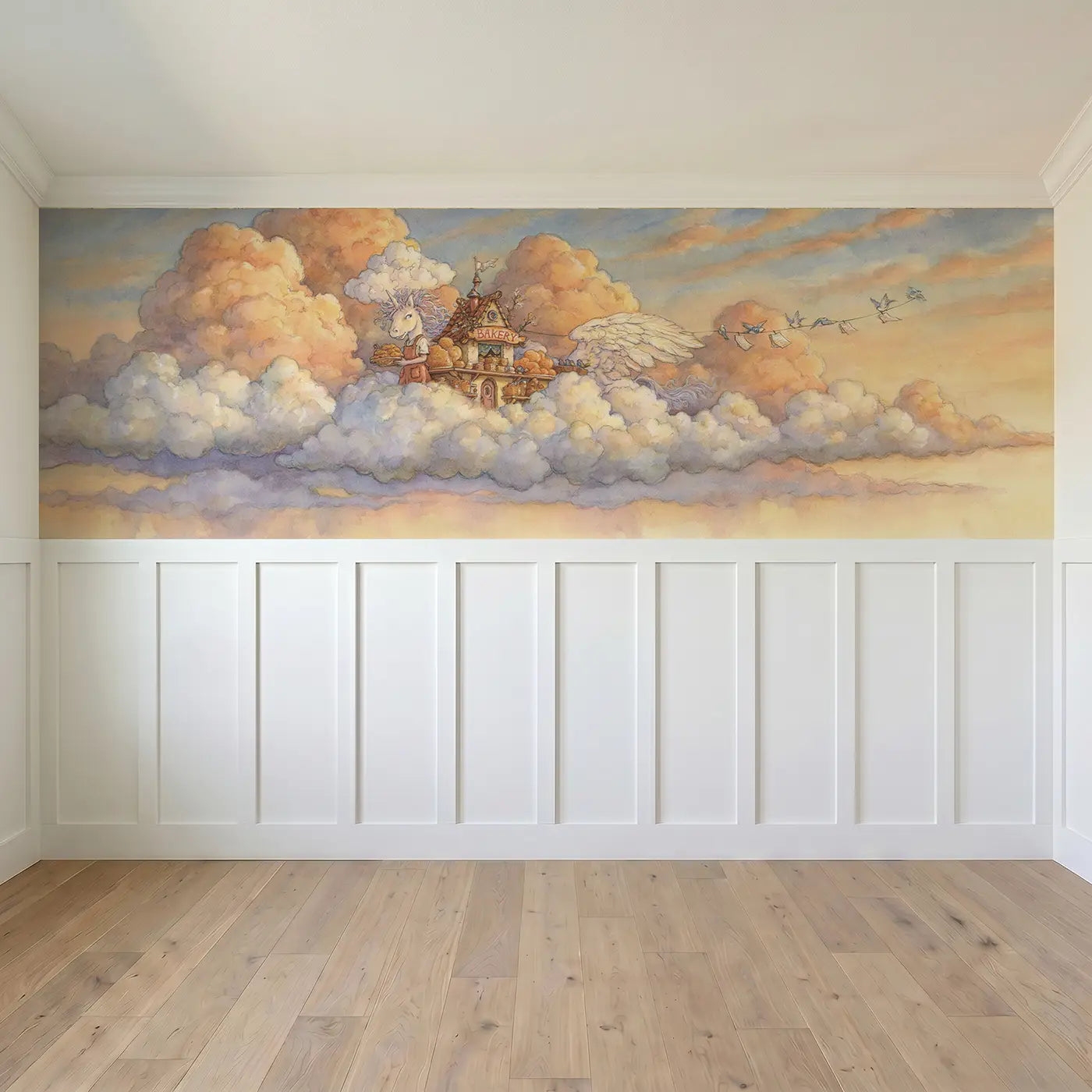 Full panel view of Pegasus Bakery Cloud Pastries Wainscoting Wallpaper by Whimsy Tots