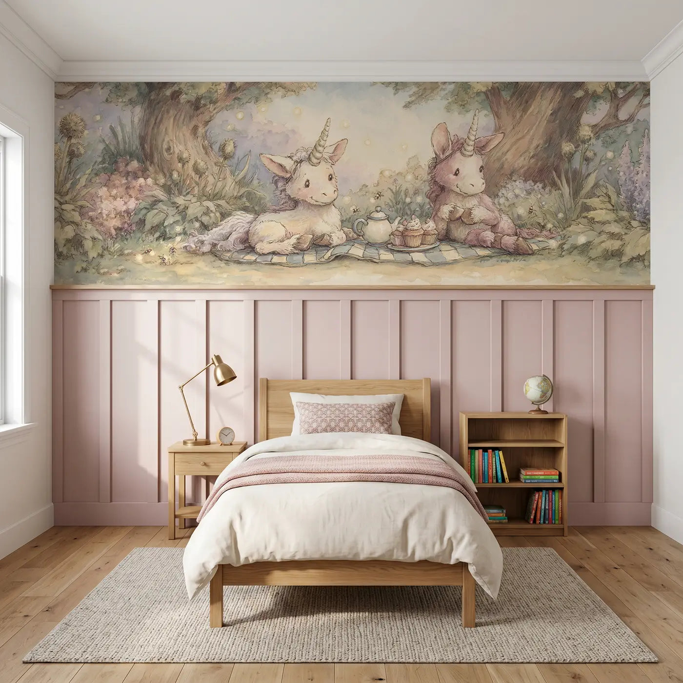 Storybook unicorn tea garden picnic wainscoting wallpaper for bedroom by Whimsy Tots