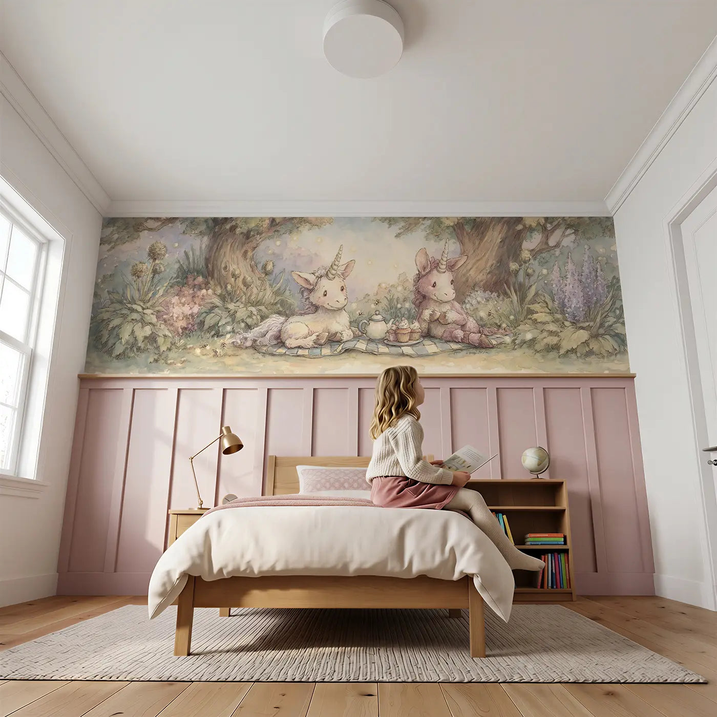 Child reading near Unicorn Tea Garden Picnic Wainscoting Wallpaper by Whimsy Tots