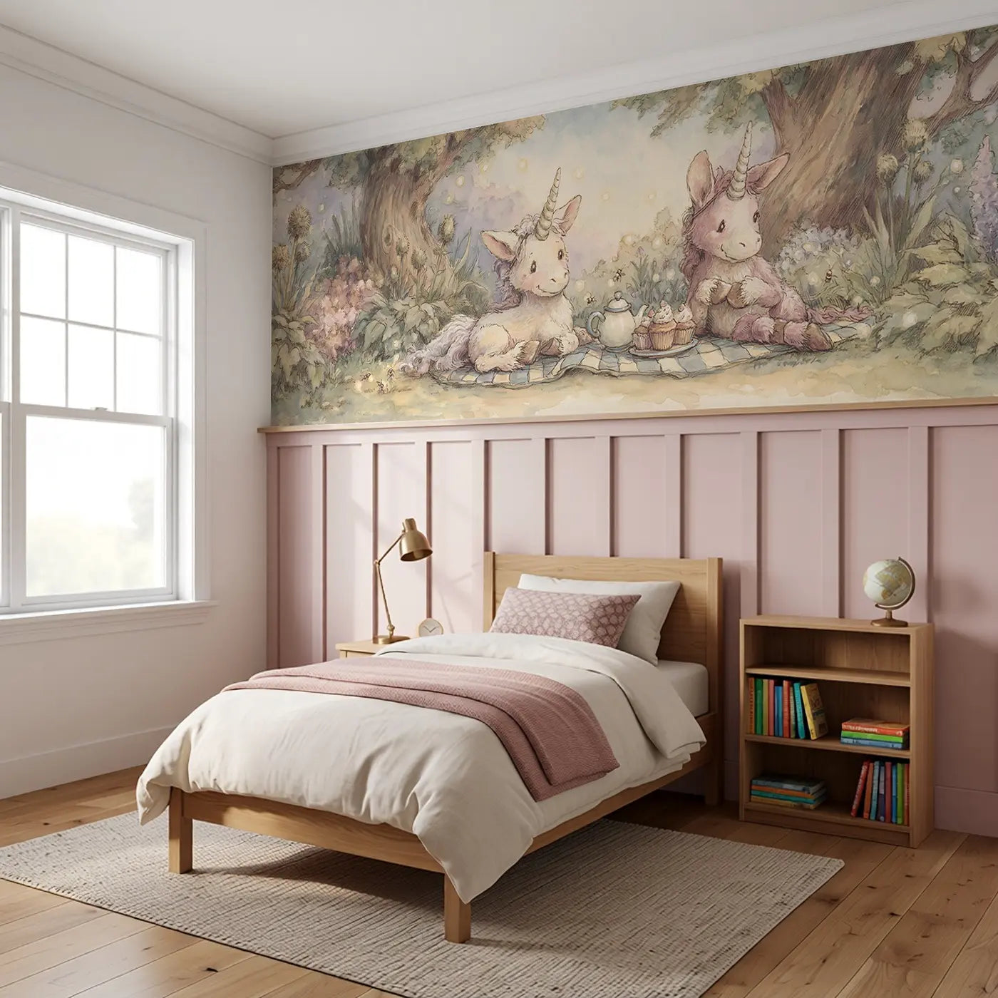 Unicorn Tea Garden Picnic Wainscoting Wallpaper styled in a kids bedroom by Whimsy Tots