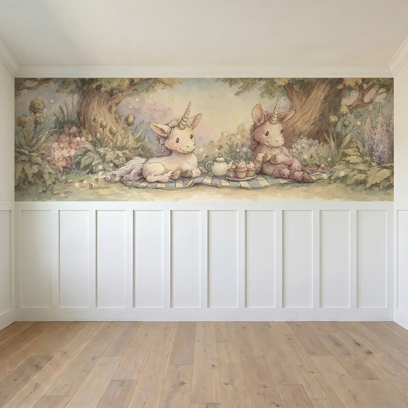 Full panel view of Unicorn Tea Garden Picnic Wainscoting Wallpaper by Whimsy Tots
