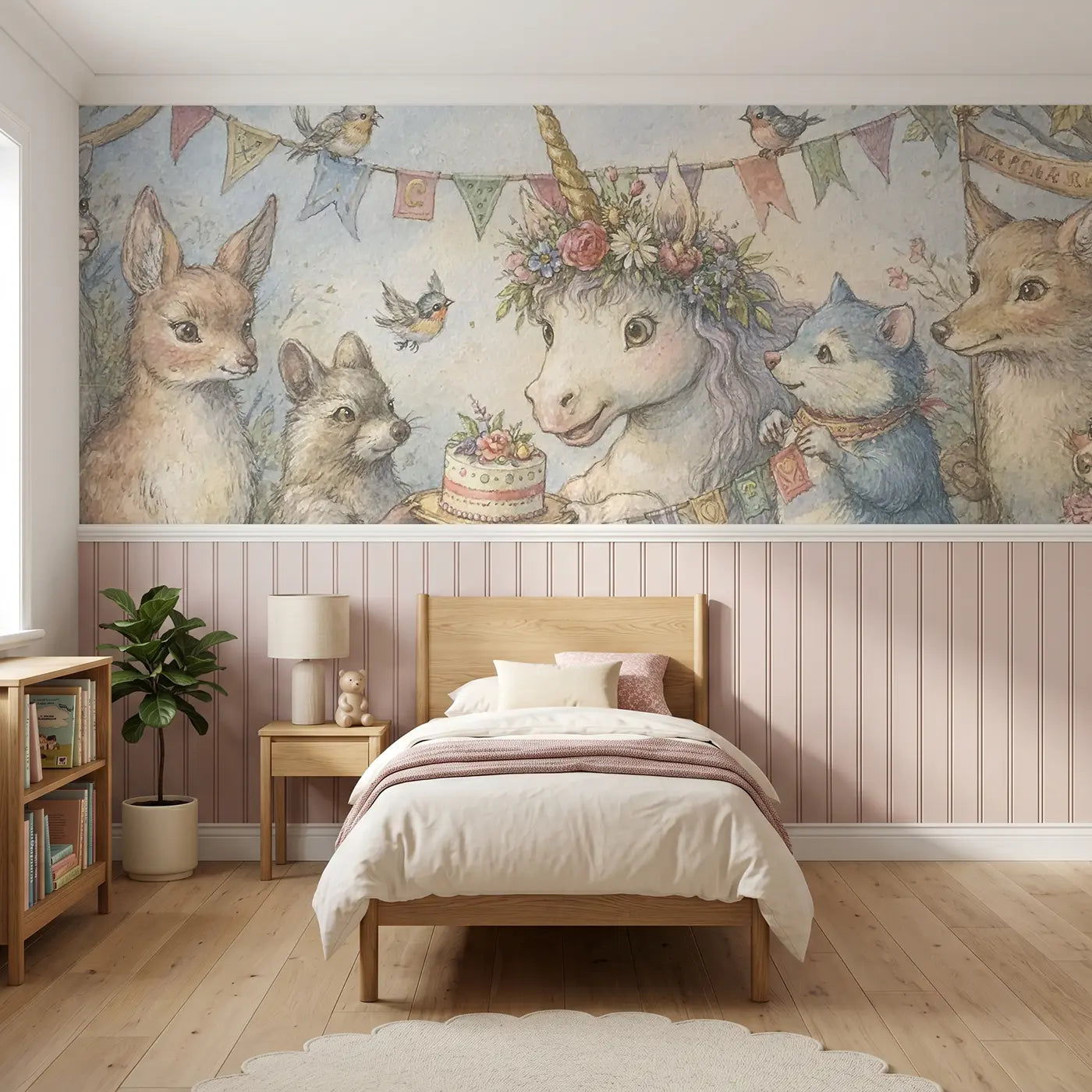 Storybook unicorn birthday flower crown wainscoting wallpaper for bedroom by Whimsy Tots