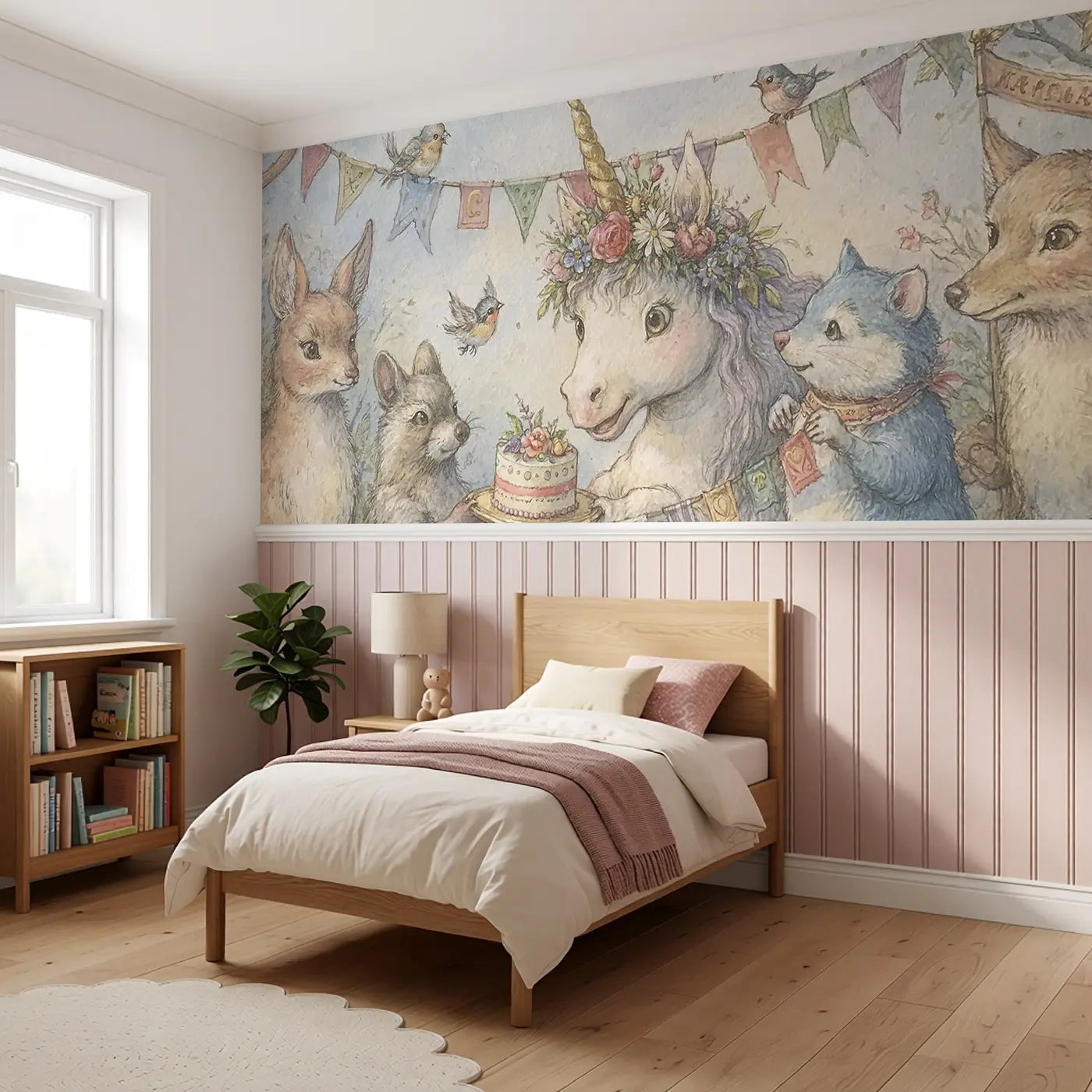 Unicorn Birthday Flower Crown Wainscoting Wallpaper styled in a kids bedroom by Whimsy Tots