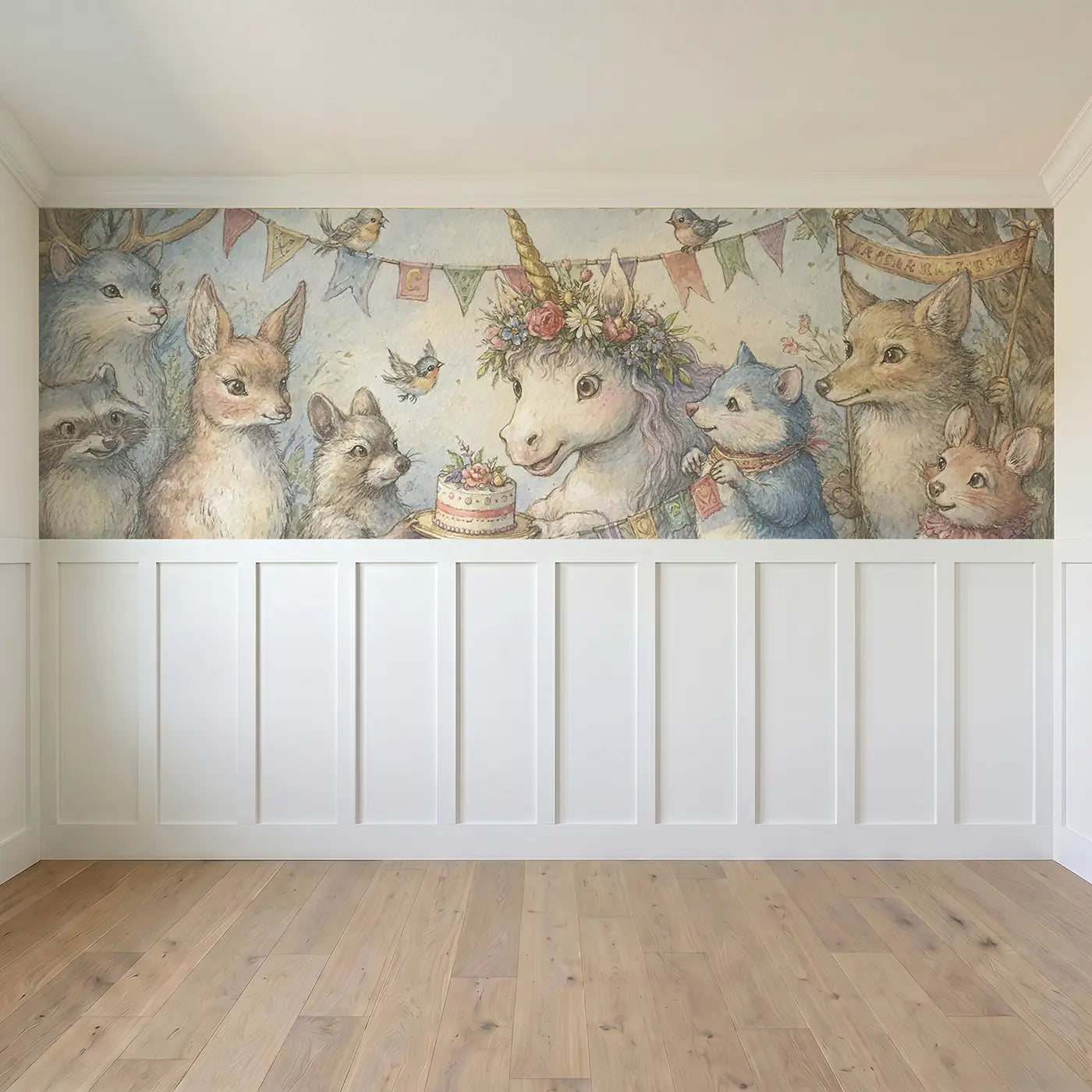 Full panel view of Unicorn Birthday Flower Crown Wainscoting Wallpaper by Whimsy Tots
