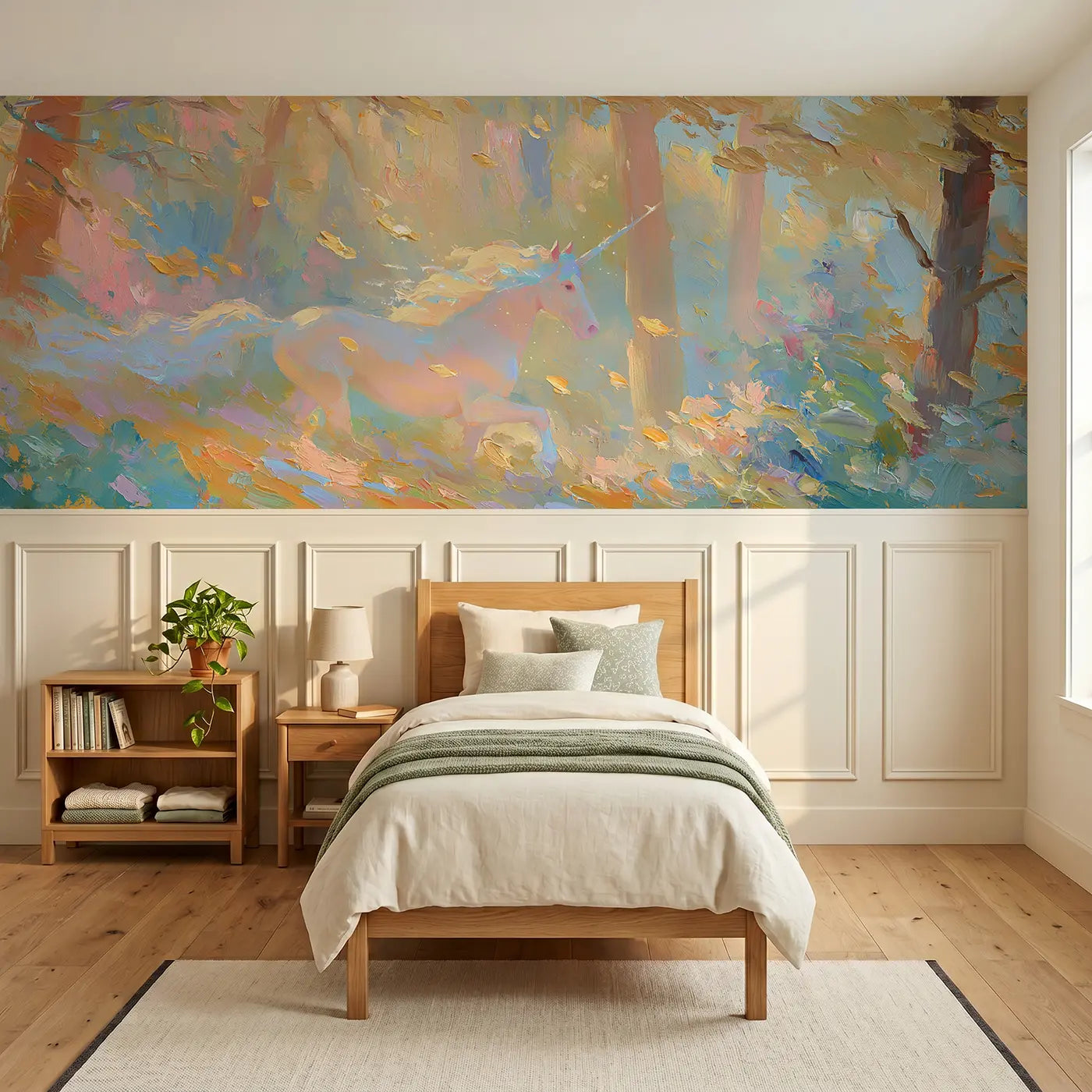 Painted Landscape unicorn autumn forest gallop wainscoting wallpaper for bedroom by Whimsy Tots