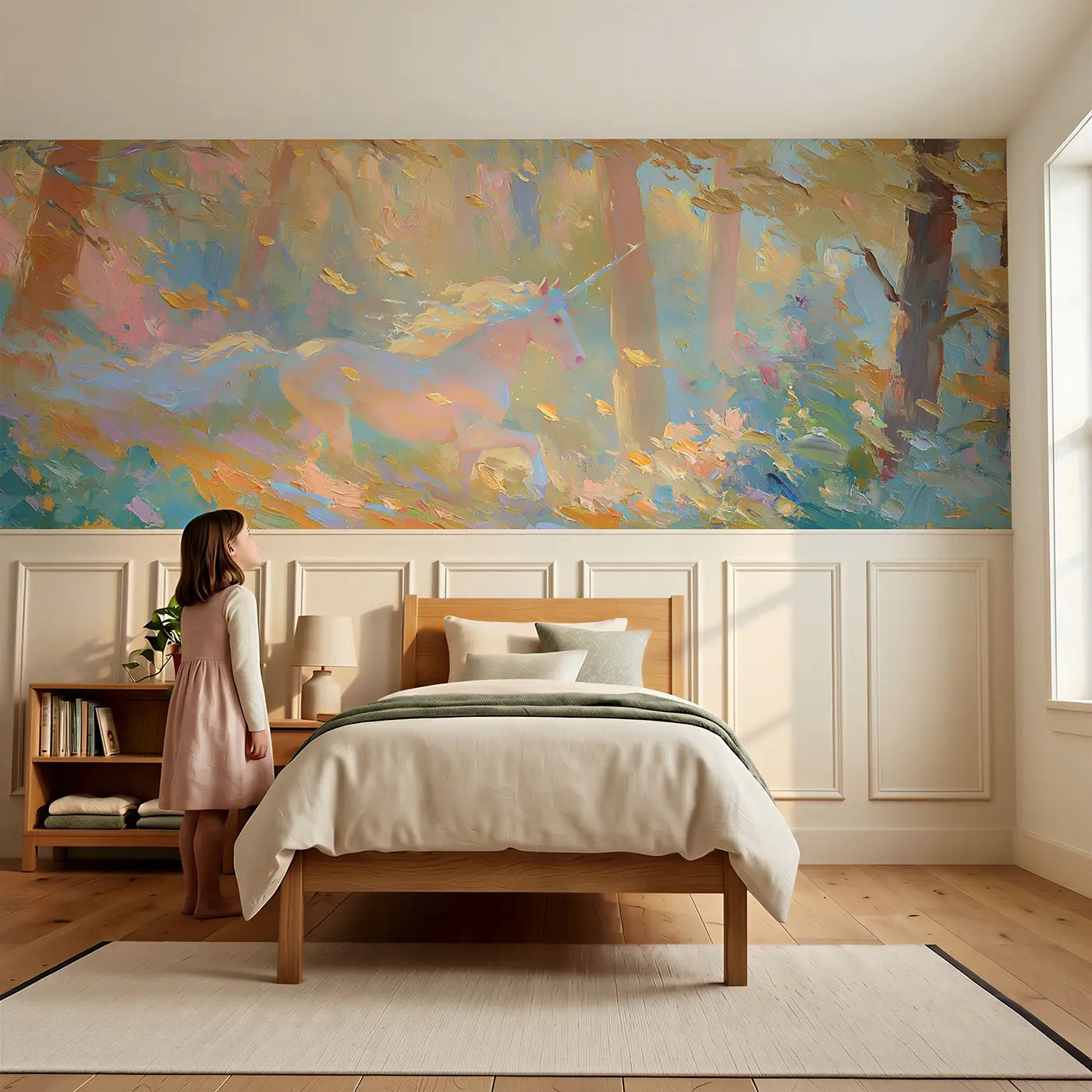 Child reading near Unicorn Autumn Forest Gallop Wainscoting Wallpaper by Whimsy Tots
