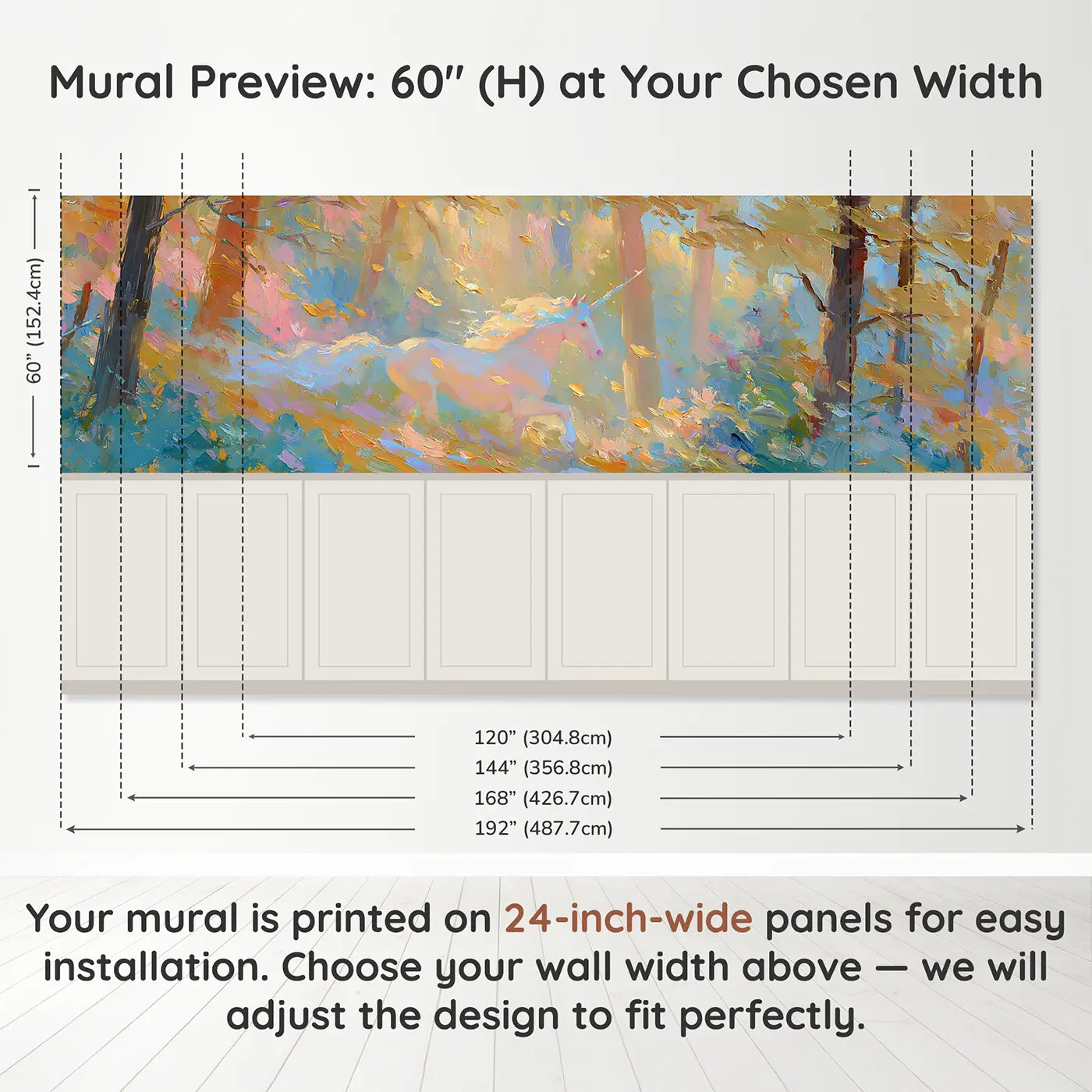 Panel dimensions for Unicorn Autumn Forest Gallop Wainscoting Wallpaper by Whimsy Tots