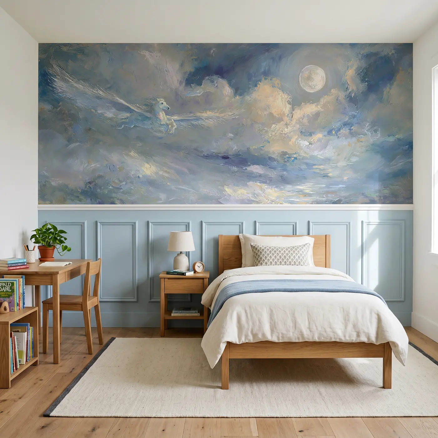 Painted Landscape pegasus moonlit cloud drift wainscoting wallpaper for bedroom by Whimsy Tots