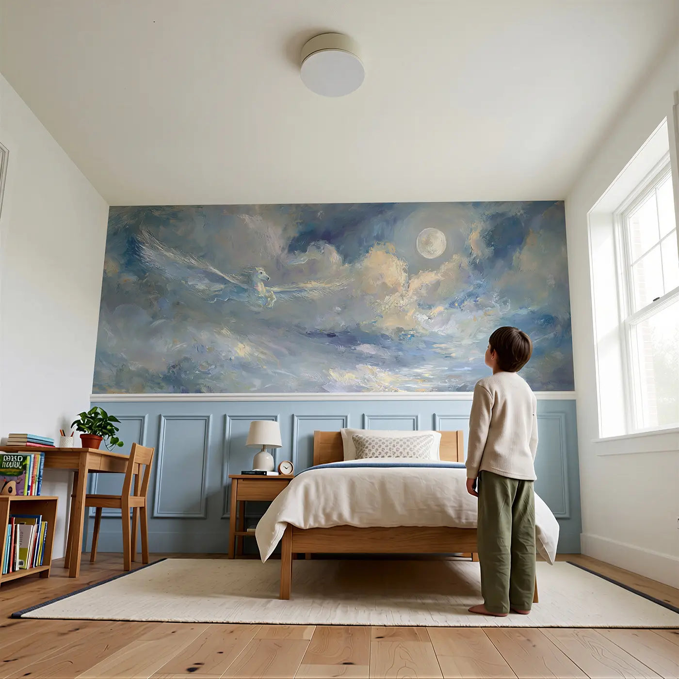 Child reading near Pegasus Moonlit Cloud Drift Wainscoting Wallpaper by Whimsy Tots