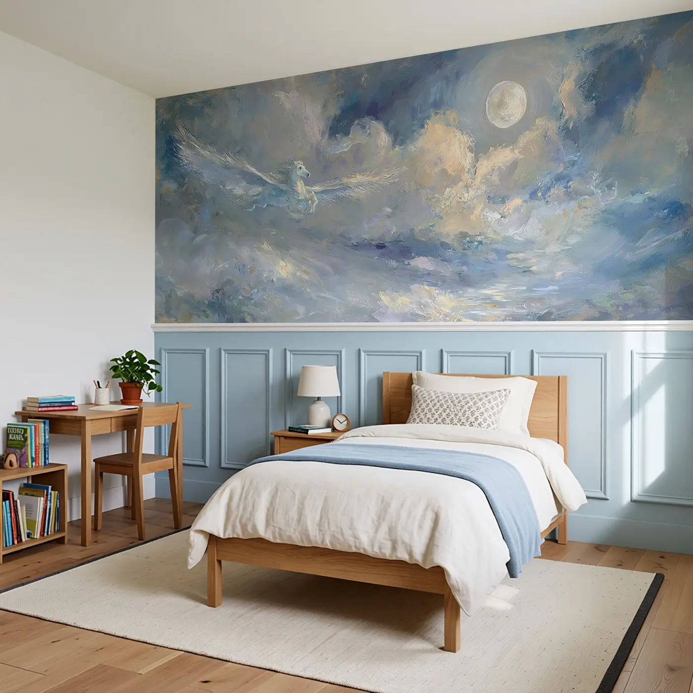 Pegasus Moonlit Cloud Drift Wainscoting Wallpaper styled in a kids bedroom by Whimsy Tots