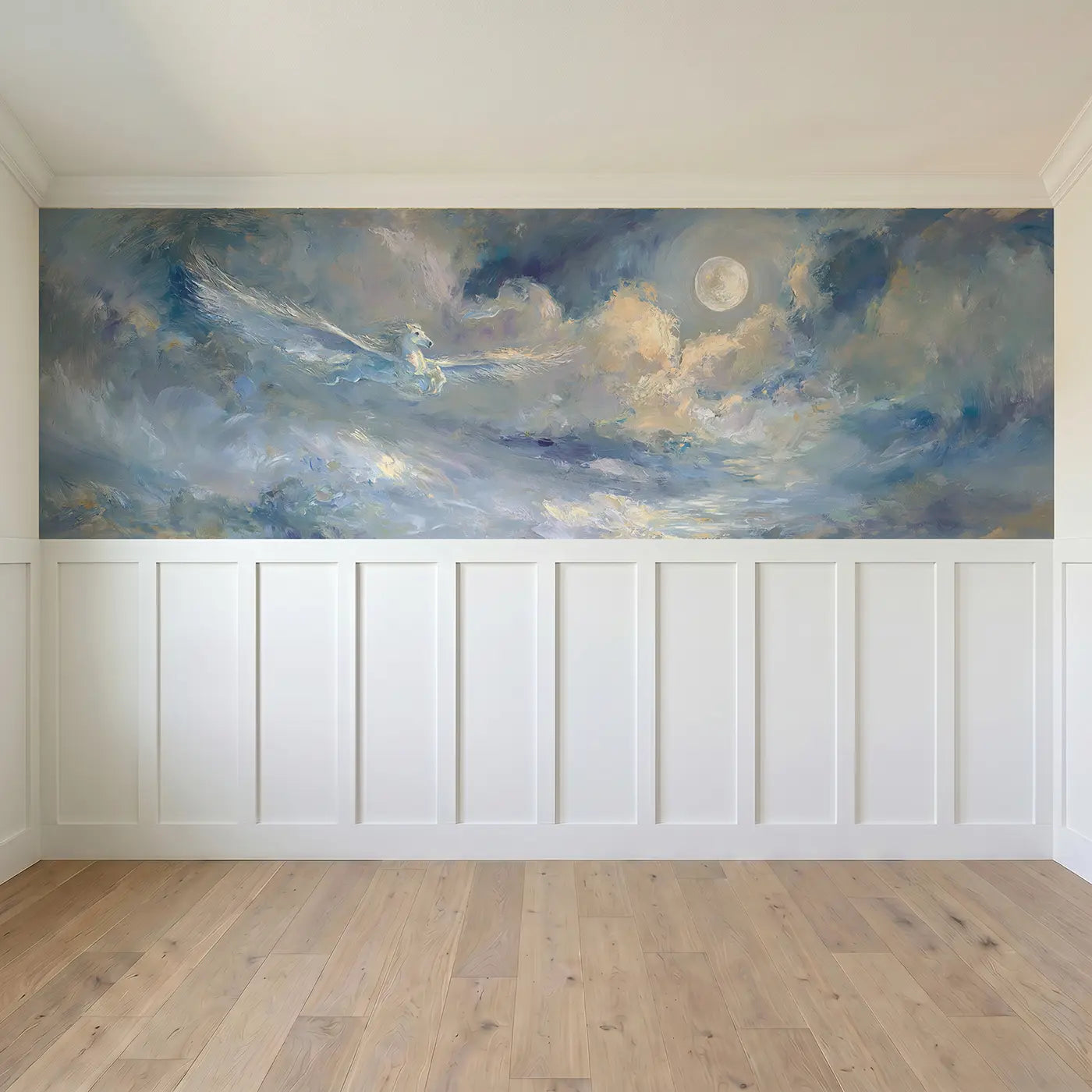 Full panel view of Pegasus Moonlit Cloud Drift Wainscoting Wallpaper by Whimsy Tots