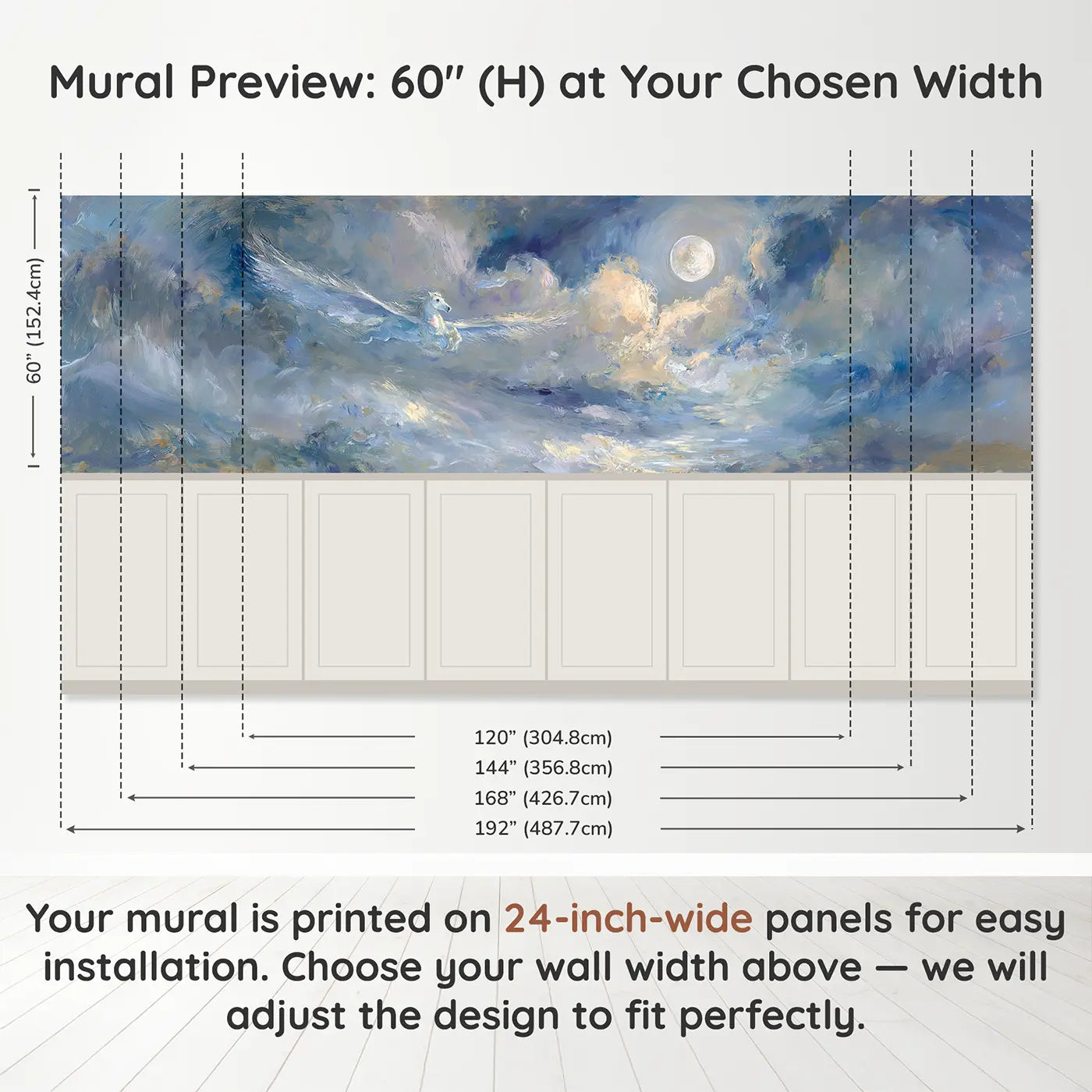 Panel dimensions for Pegasus Moonlit Cloud Drift Wainscoting Wallpaper by Whimsy Tots