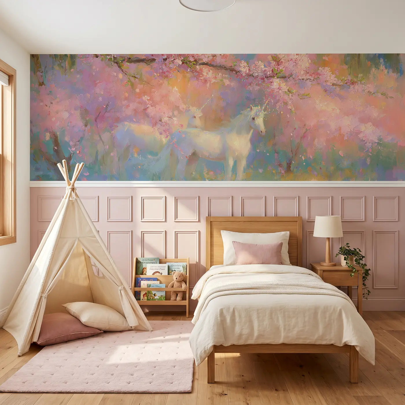 Painted Landscape unicorn cherry blossom grove wainscoting wallpaper for bedroom by Whimsy Tots