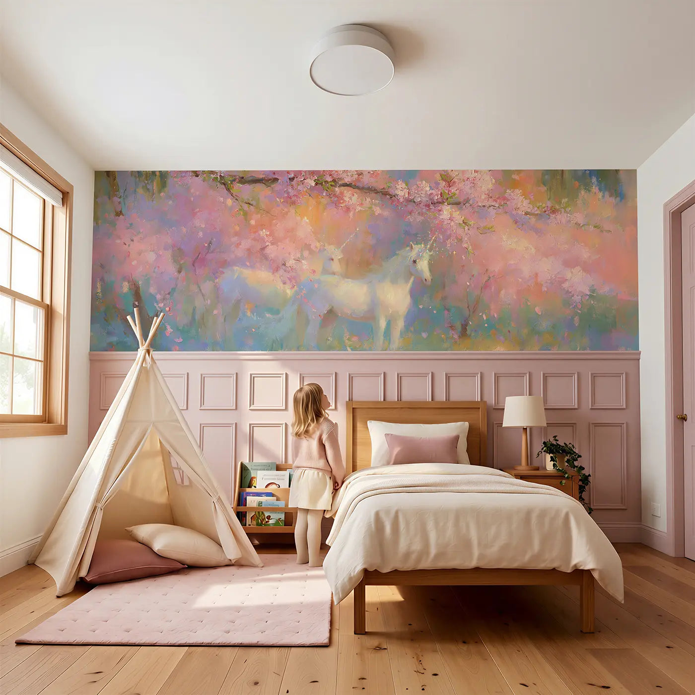 Child reading near Unicorn Cherry Blossom Grove Wainscoting Wallpaper by Whimsy Tots