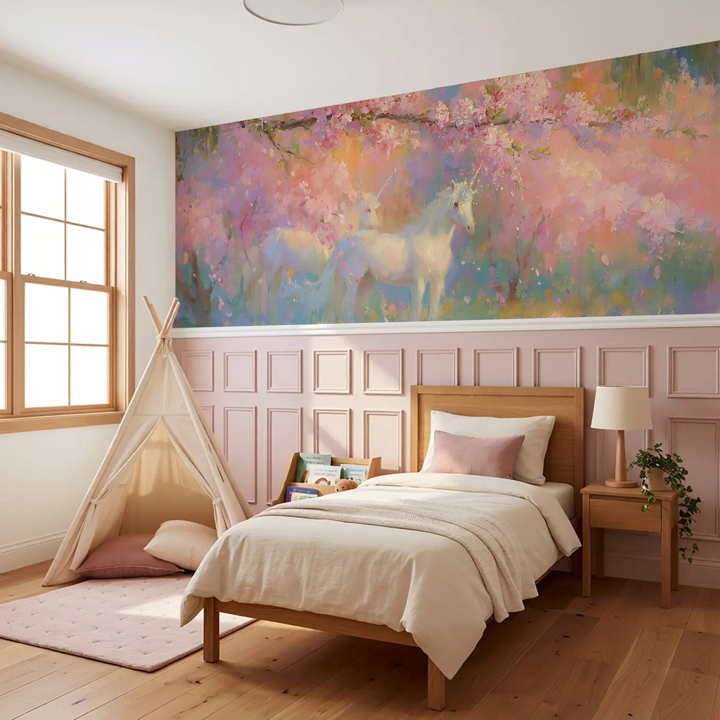 Unicorn Cherry Blossom Grove Wainscoting Wallpaper styled in a kids bedroom by Whimsy Tots