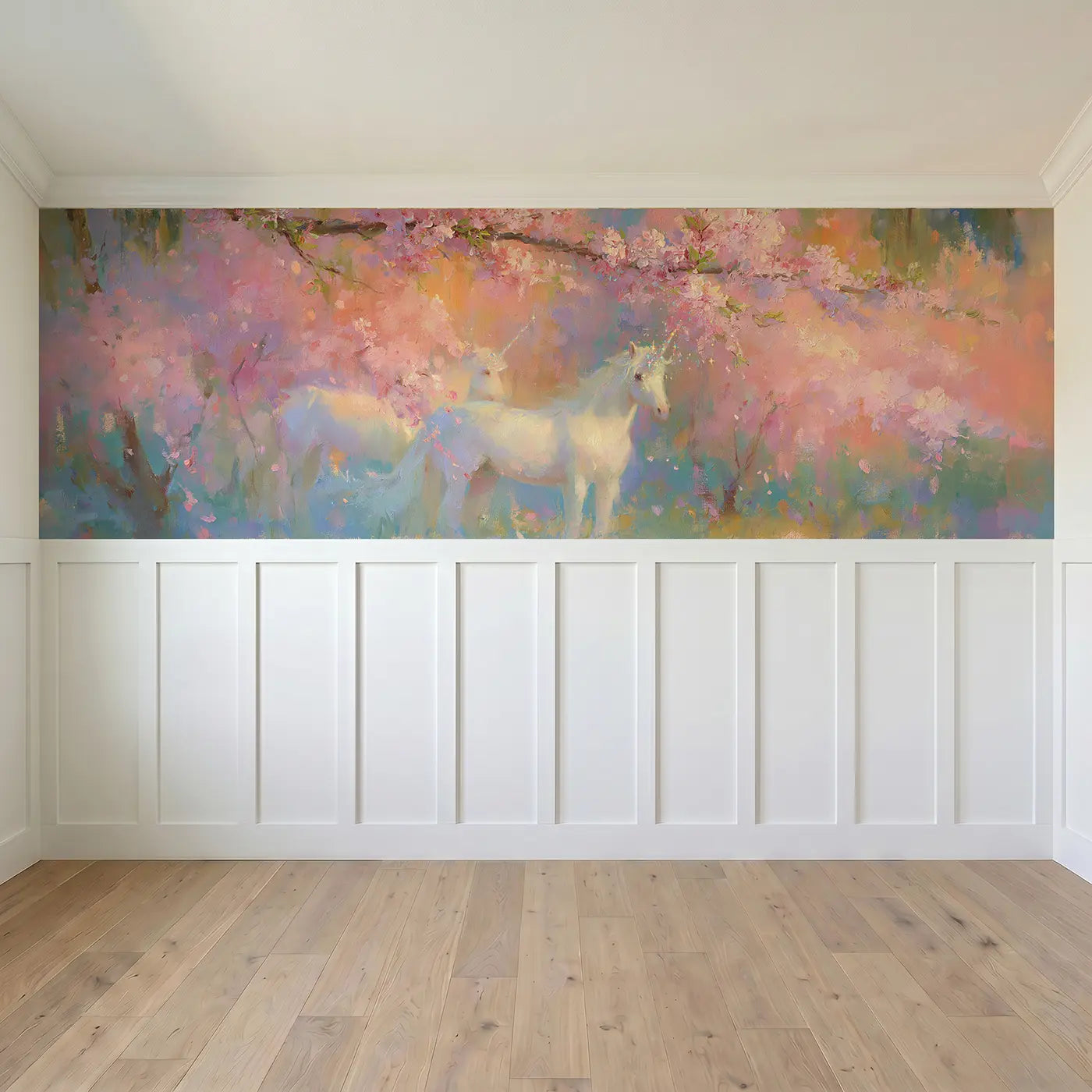 Full panel view of Unicorn Cherry Blossom Grove Wainscoting Wallpaper by Whimsy Tots
