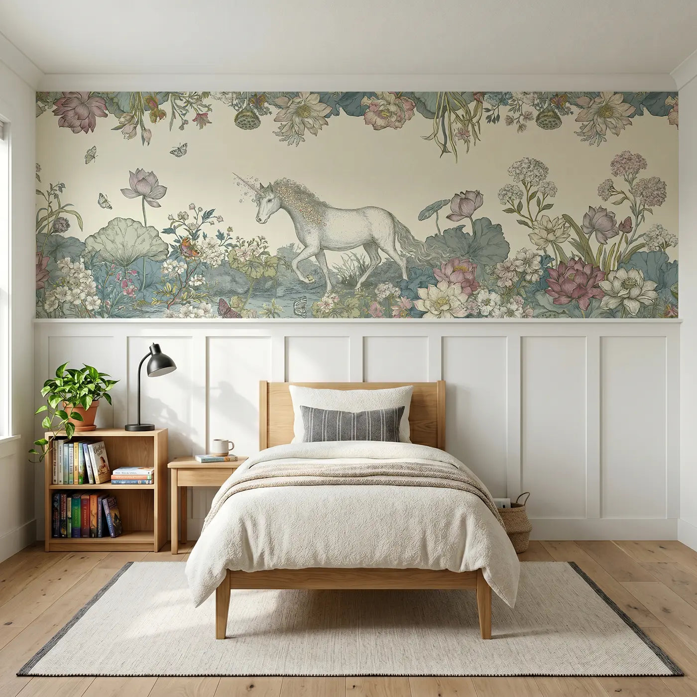 Botanical Elegance unicorn lotus garden path toile wainscoting wallpaper for bedroom by Whimsy Tots